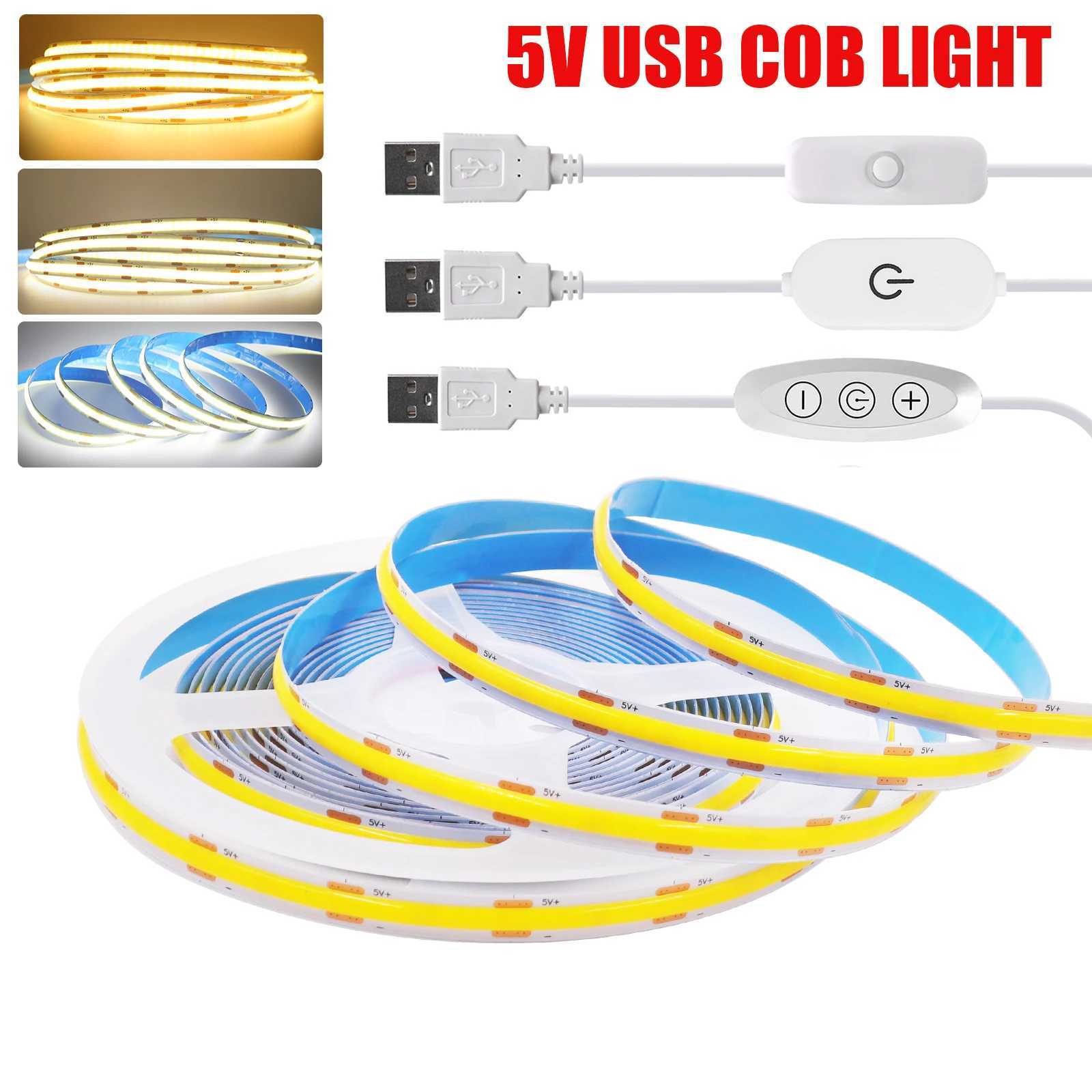 5V USB ON/OFF/Touch Dimmable COB Strip 320Leds White 3000K 4000K 6000K Home Decor Cabinet Lamp Flexible Ribbon Rope LED Light W250701