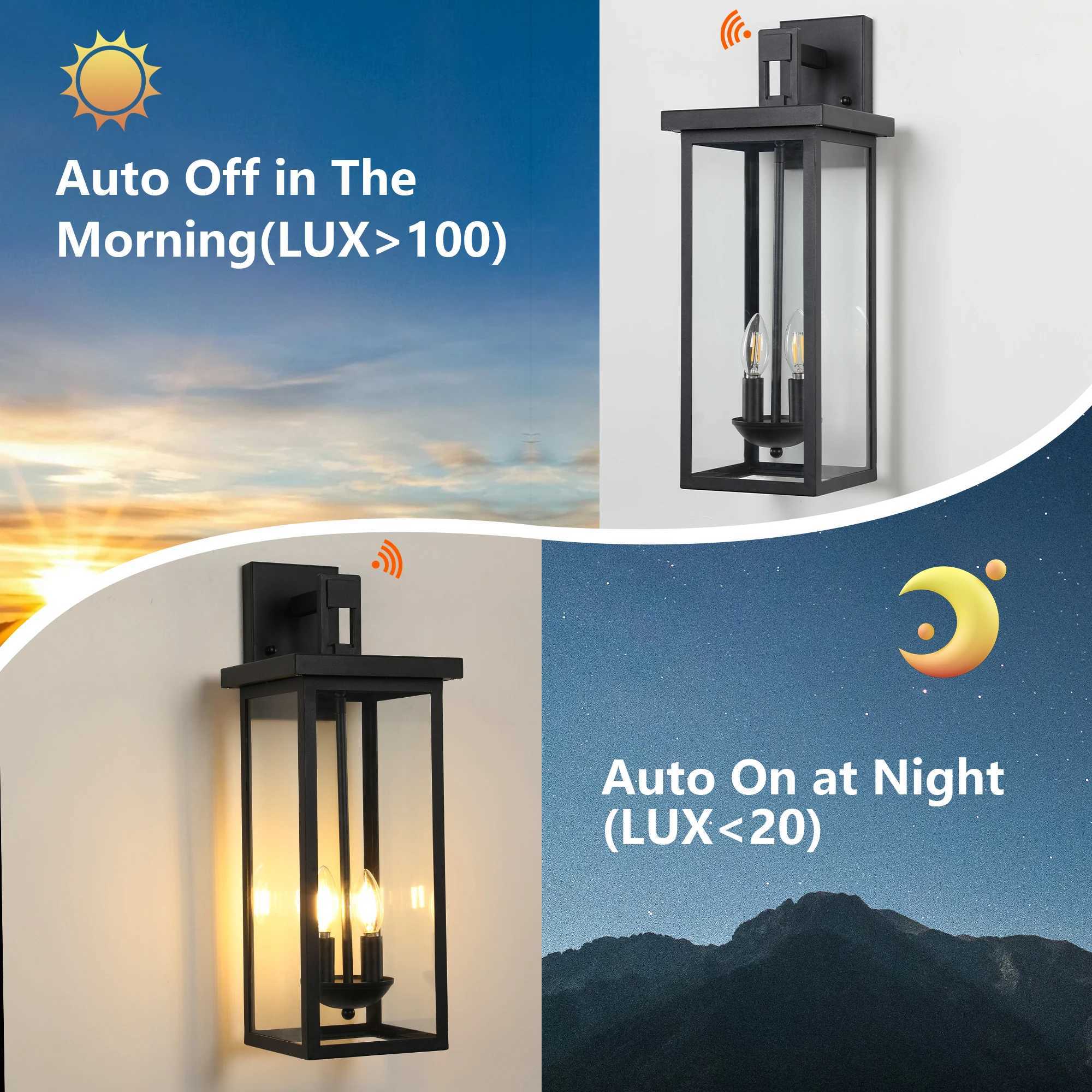 22(H) Outdoor Wall Lantern with Dusk to Dawn Sensor Matte Black Finish Clear Glass Panels Weatherproof Exterior Light XJ250624