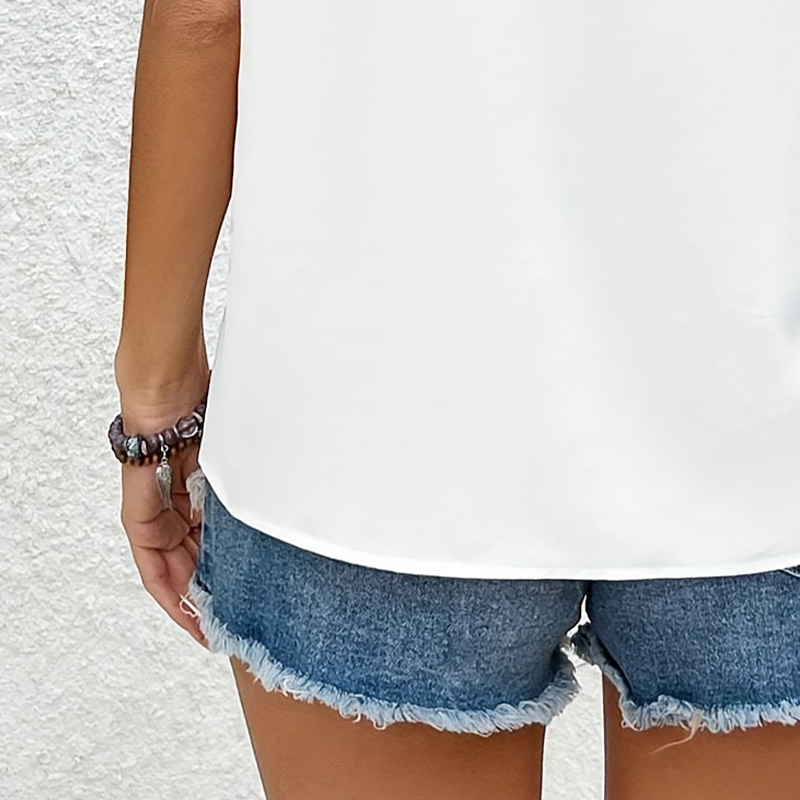 Elegant Womens V-Neck T-Shirt with Short Sleeves Pure White Cotton Blend Fabric