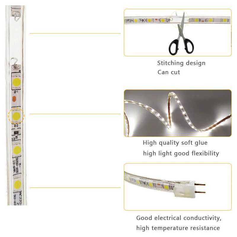 220V High Brightness LED Strip Light Waterproof LED Tape Flexible Ribbon for Outdoor Garden Lighting Room Bedroom Kitchen Decor W250701