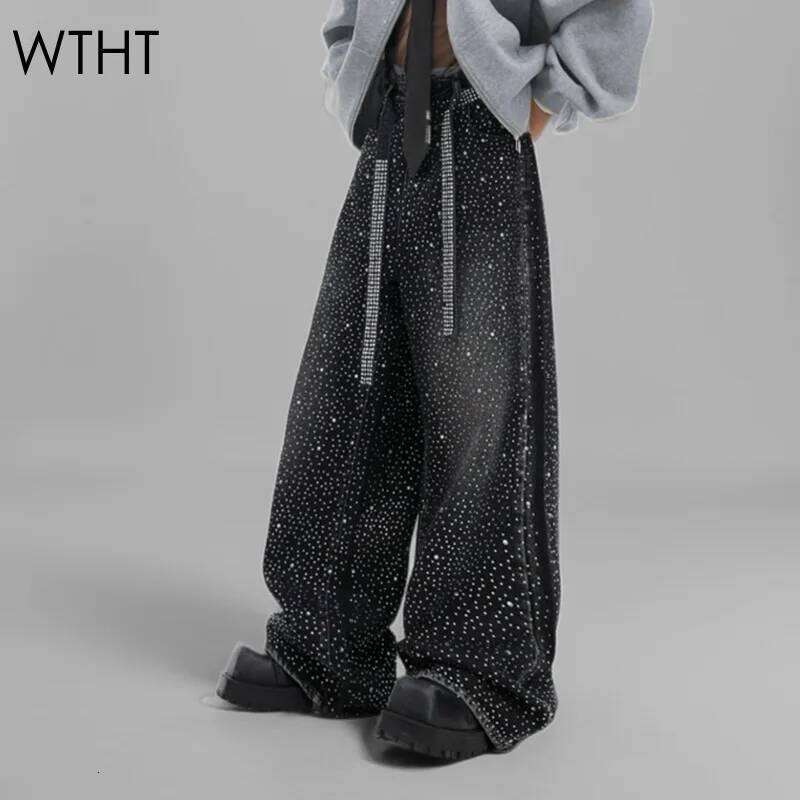 hoodie Wear WTHT Trendy Dias Straight Jeans For Women Winter Fashion New High Waist Belt Design Wide Leg Denim Pants Female 1Ls410 jacket