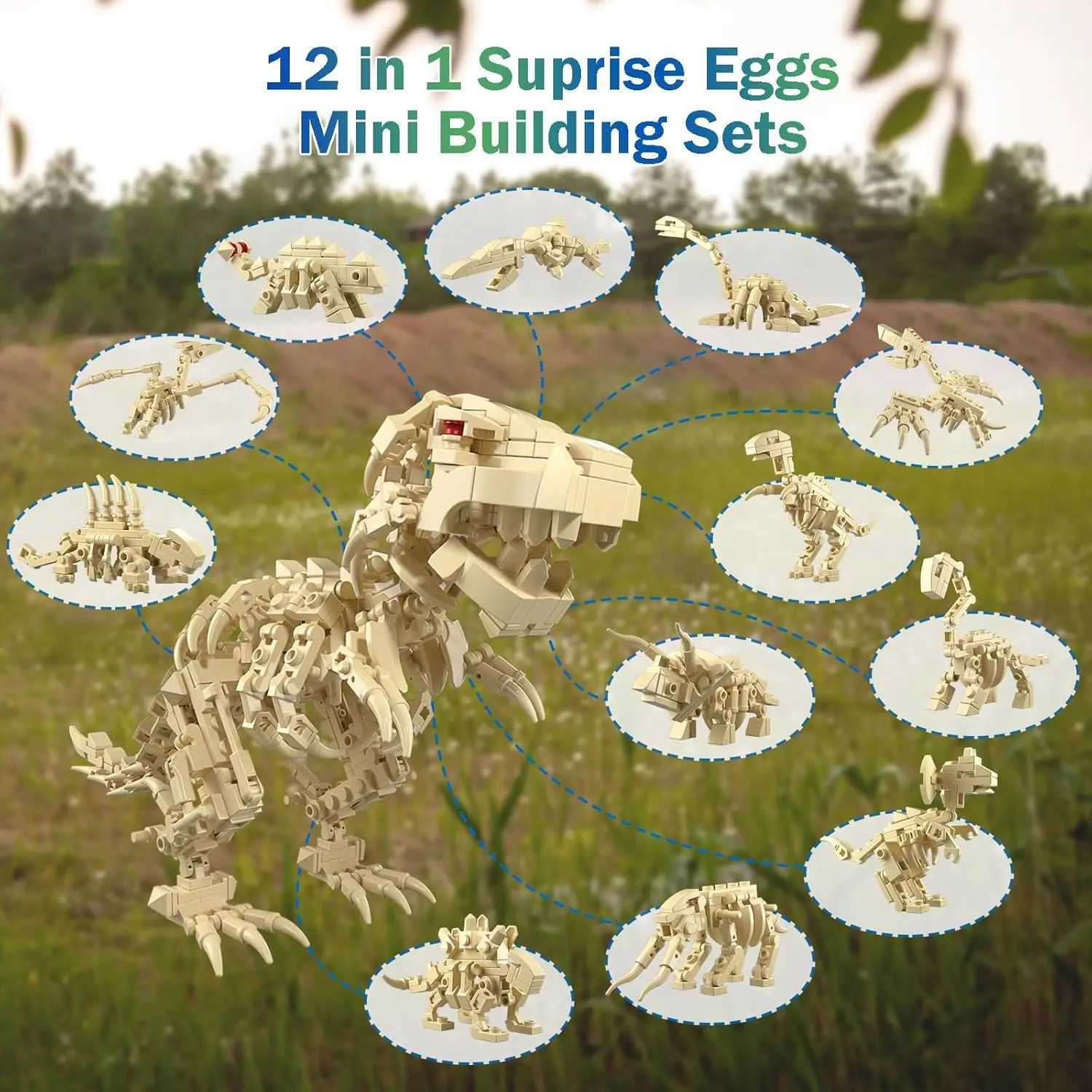 12 in 1 Dinosaur Skeleton Building Set Mini Dinosaur Building Blocks for Easter Basket Stuffers Christmas Birthday Easter Gift Y250701