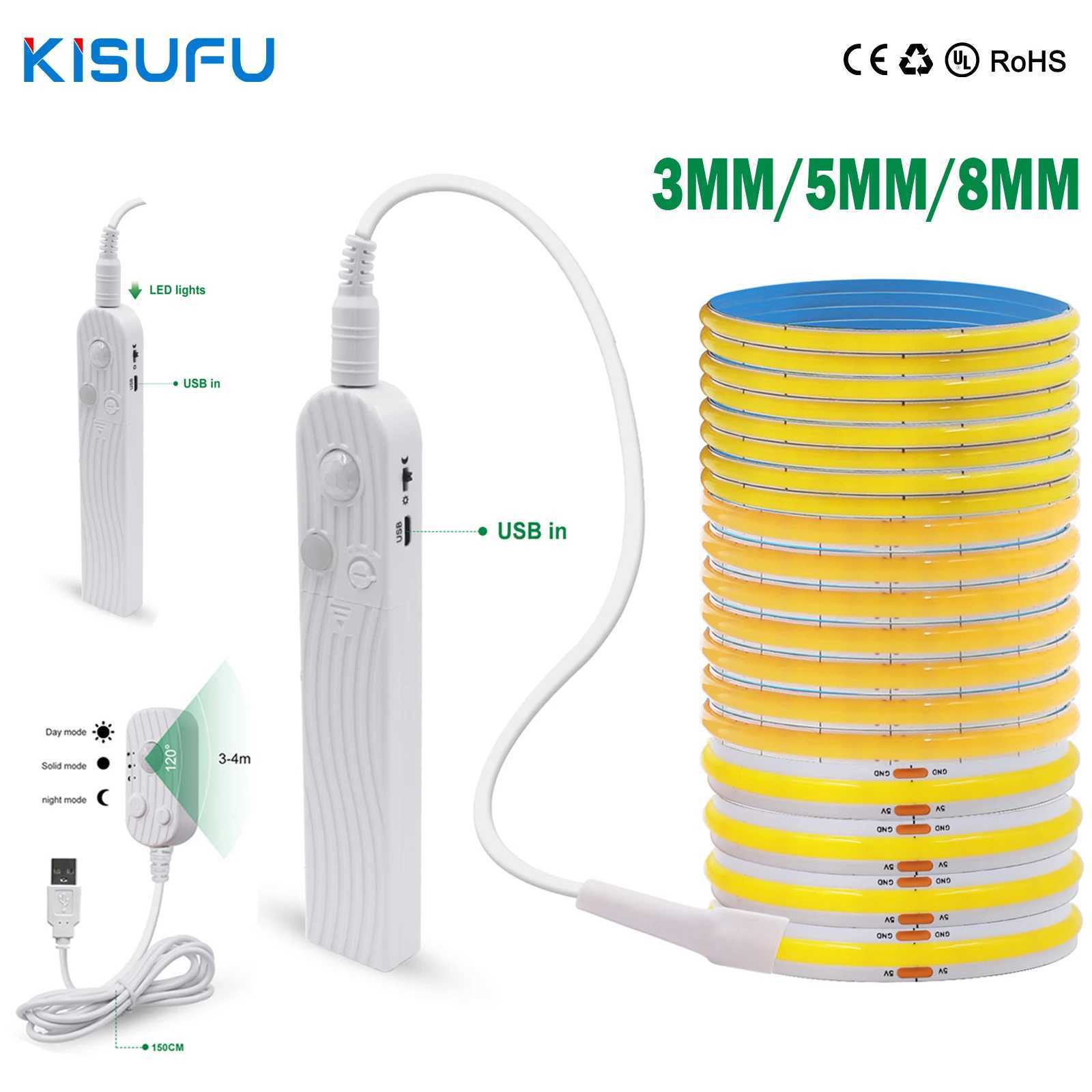 3MM 5MM 8MM COB LED Light Strip 5V 320LEDs PIR USB/AAA 3000K 4000K 6000K W250701