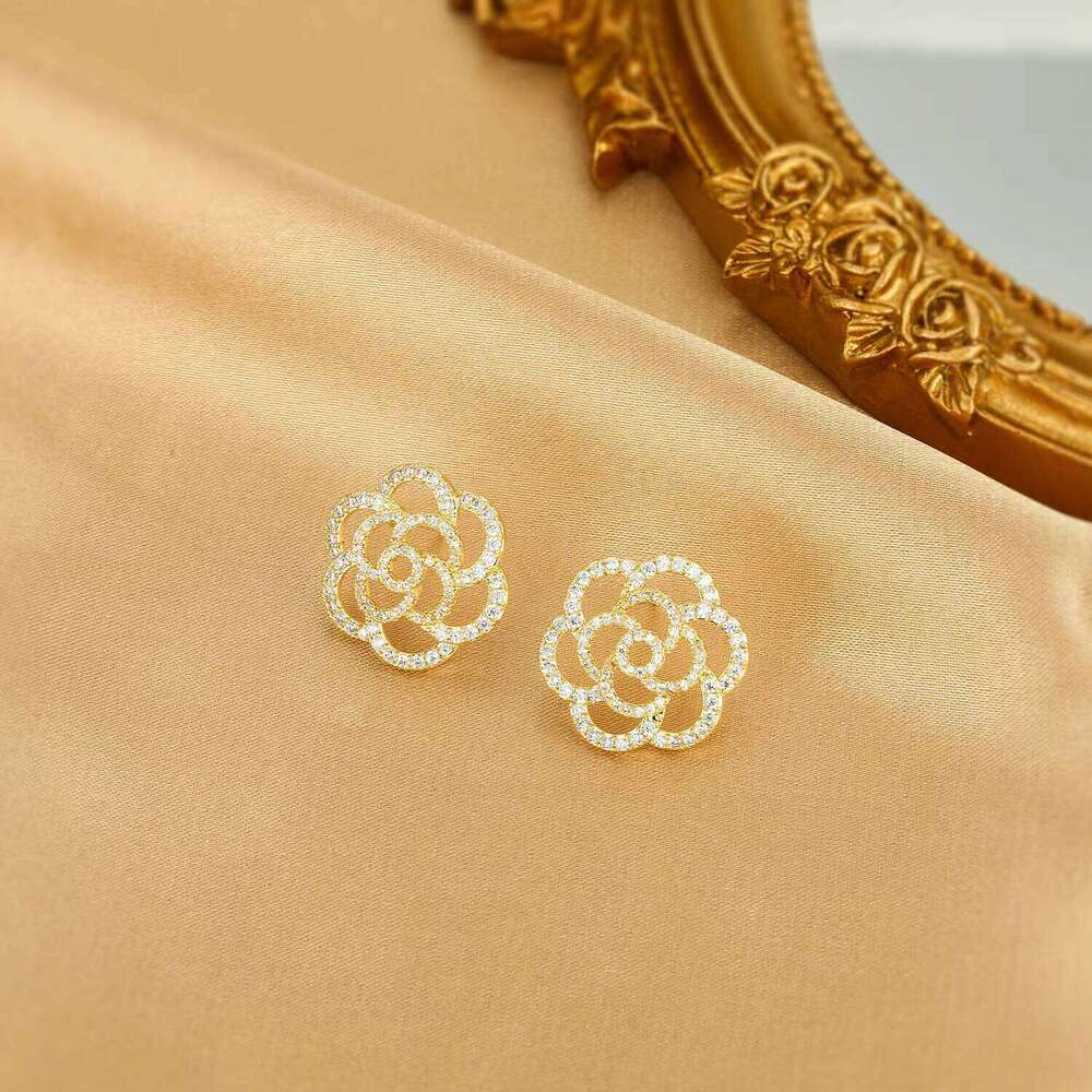 DHcollections Double-Sided French Rose Cubic Zirconia Stud Earrings, 14K Gold/Silver Plated, Elegant Floral Design, Hypoallergenic Earrings for Women