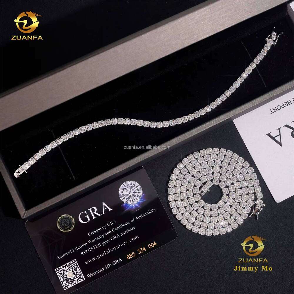 New Design Elegant Claw Setting 4Mm Sterling Sier Hip Hop Jewelry D VVS Silicon Cluster Tennis Chain Bracelet Set