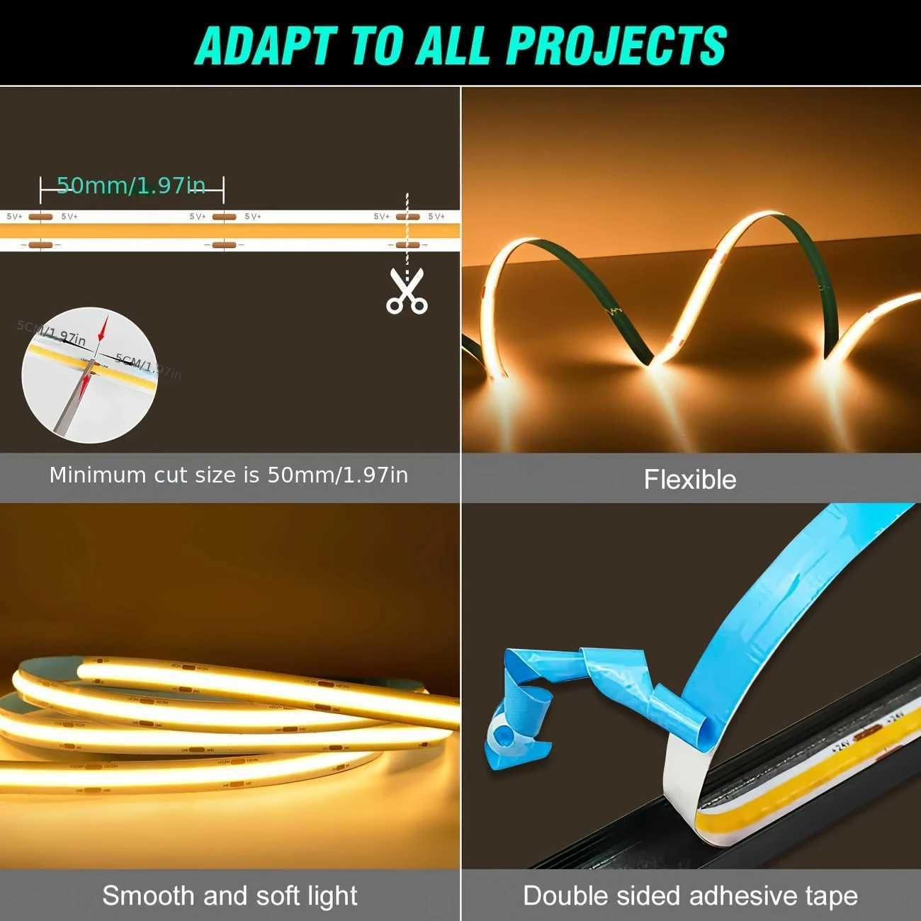 LED Strip Lights USB 5V Sper Parlak COB LED Strip Esnek erit Bant Iklar Dolaplar Yatak Odalar Mutfak Ev Dekorasyonu iin W250701