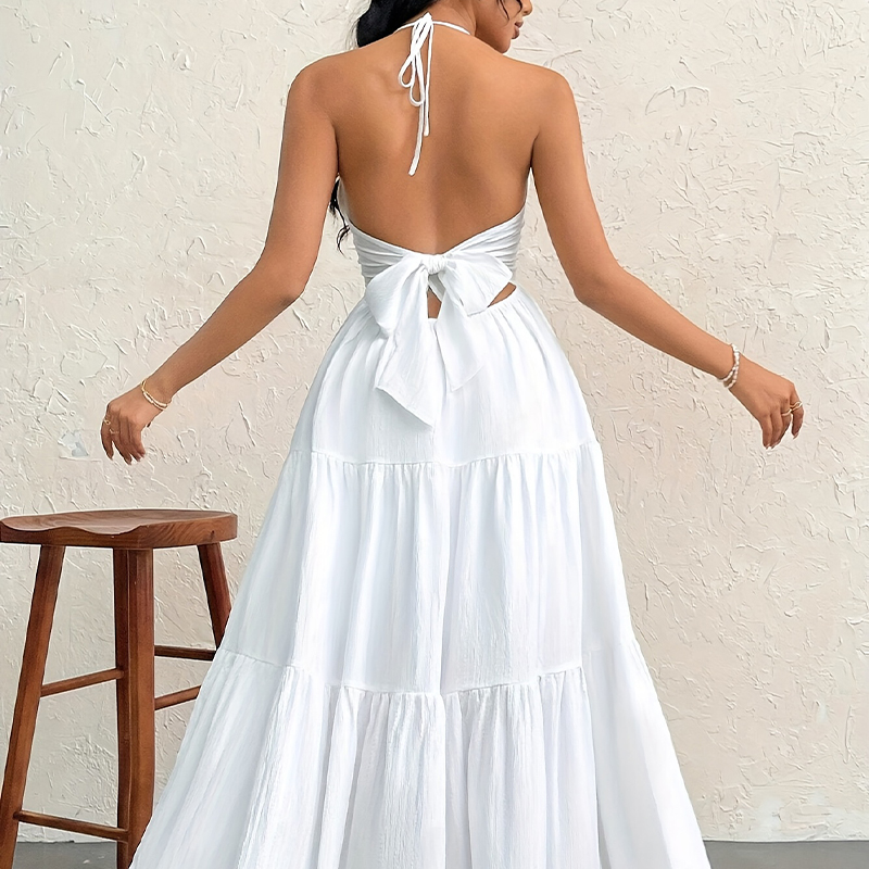 Women's French Summer Style Long-Dress - High-End Vacation Wear With V-Neck & Open Back Detailing