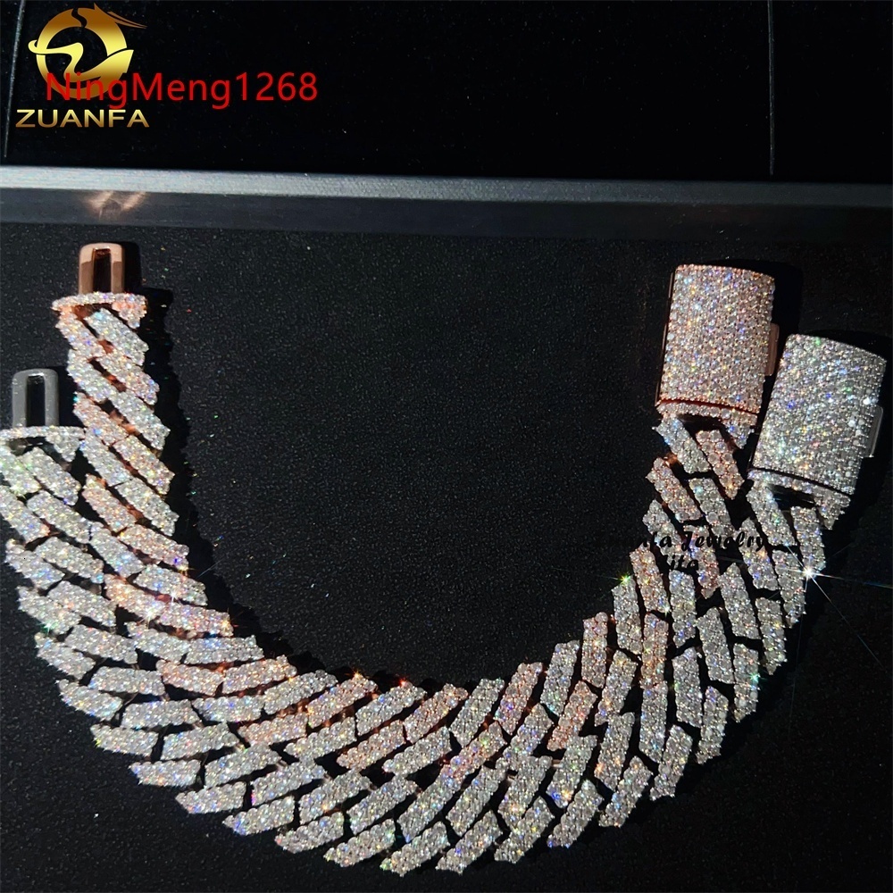 15mm Two Tone Color Rose+White Rapper Man Jewelry Hip Hop Iced Out S 925 Silver VVS1 Moissanite Diamond Miami Cuban Bracelet