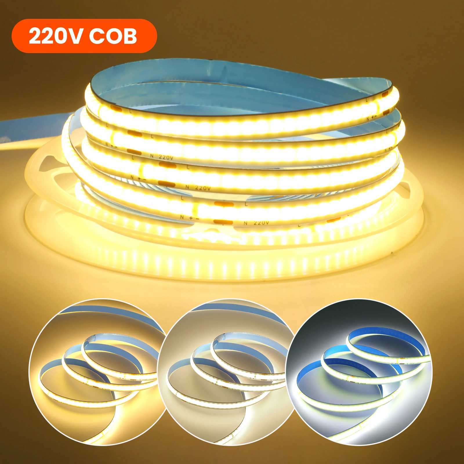 220V 8mm PCB COB LED Strip Light 240LEDs/m Warm Natural White Ribbon Rope Light Adhesive Tape Linear Dimmable 5m 10m 15m 20m 50m W250701