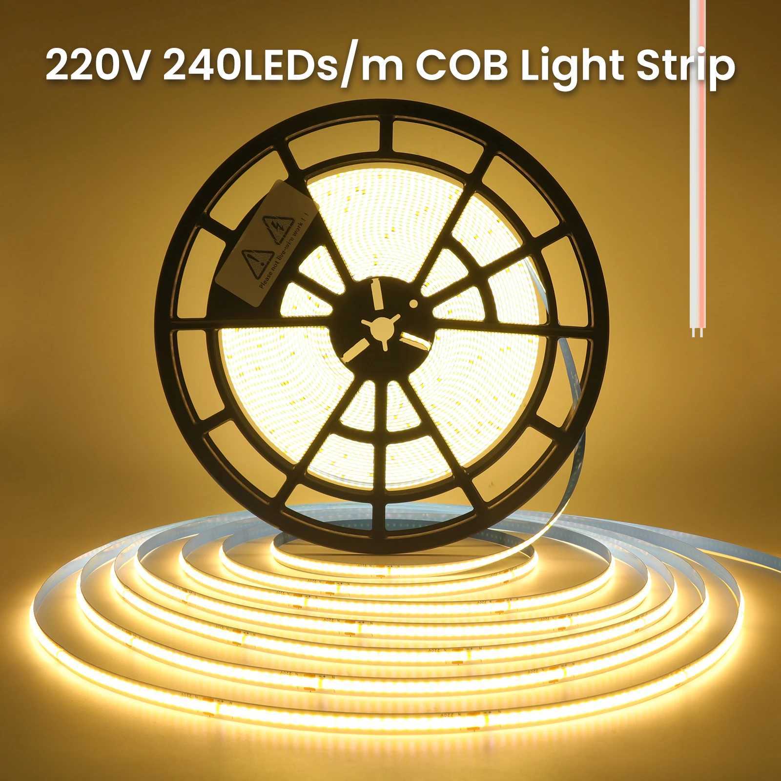 220V 8mm PCB COB LED Strip Light 240LEDs/m Warm Natural White Ribbon Rope Light Adhesive Tape Linear Dimmable 5m 10m 15m 20m 50m W250701