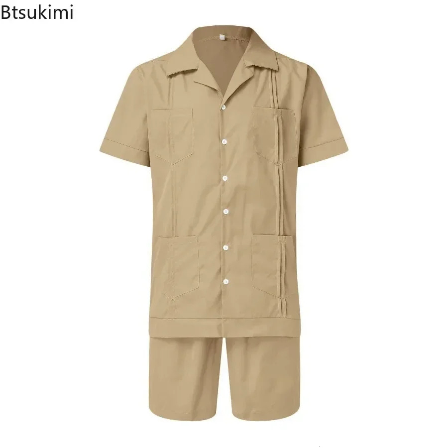 Mens Summer Casual Sport 2 Piece Sets Fashion Cotton Linen Short Sleeve Shirt and Shorts Suit Men Loose Outfits 250624