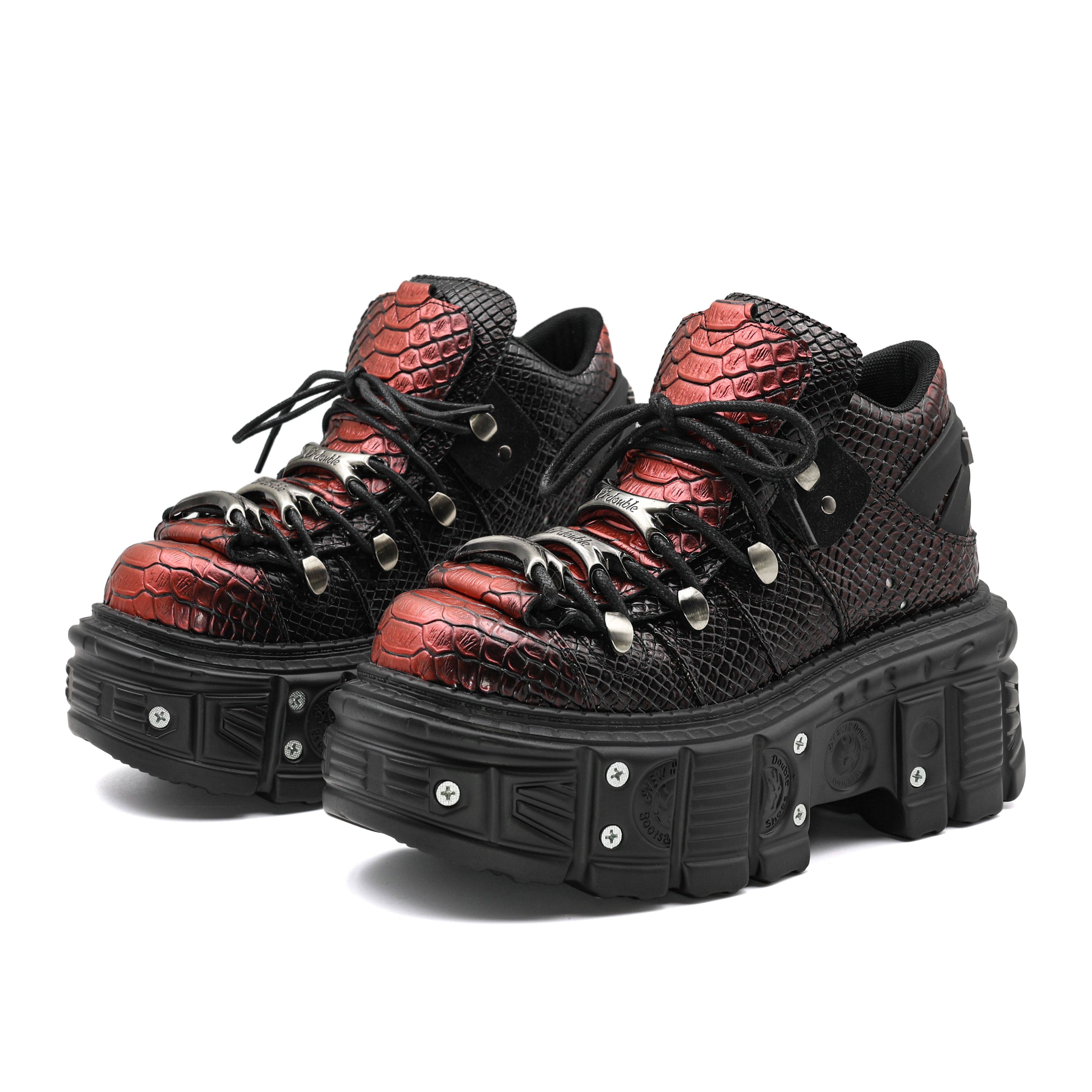 Height-Increasing Women's Summer Punk Shoes Thick-Soled, High-Tops in Elegant Wine Red & Snake Print
