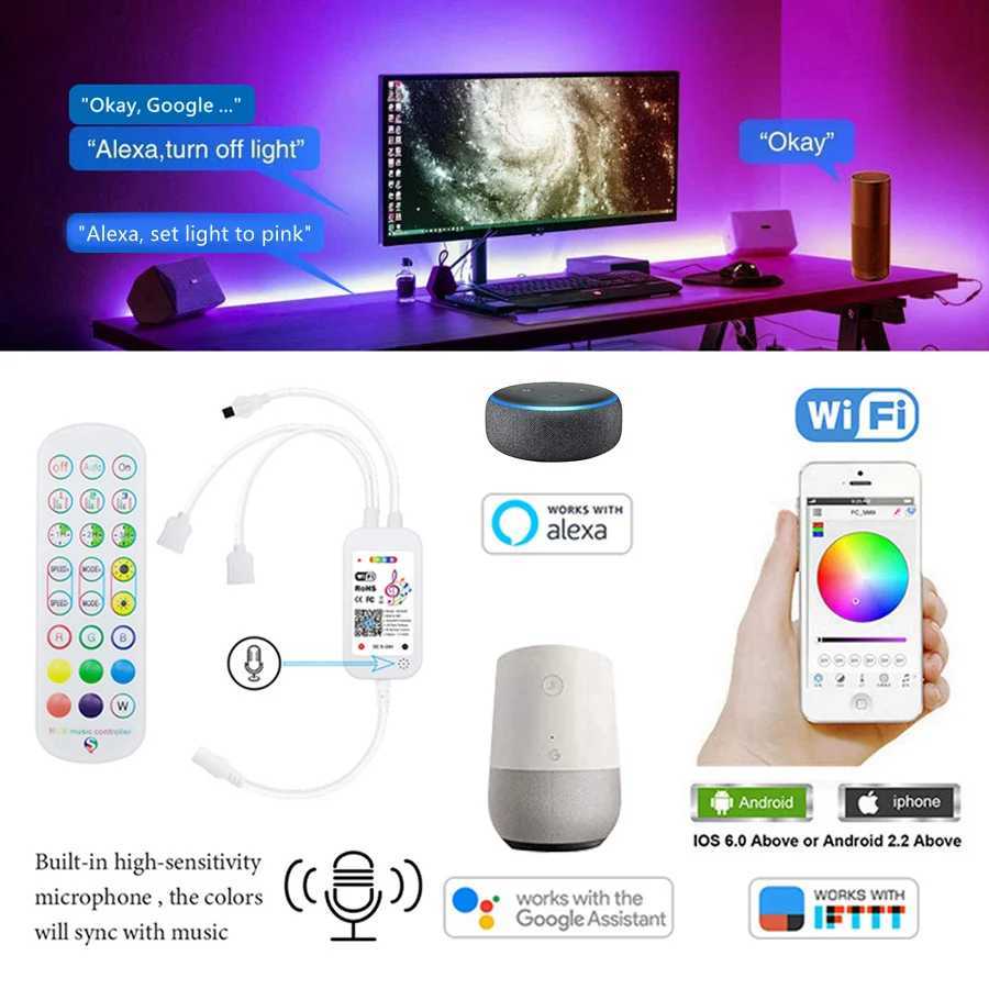 WiFi LED Strip Lamp 5M 10M 12V RGB Tape Works with Alexa Music Neon Ribbon Flexible Christmas Decor Lights W250701