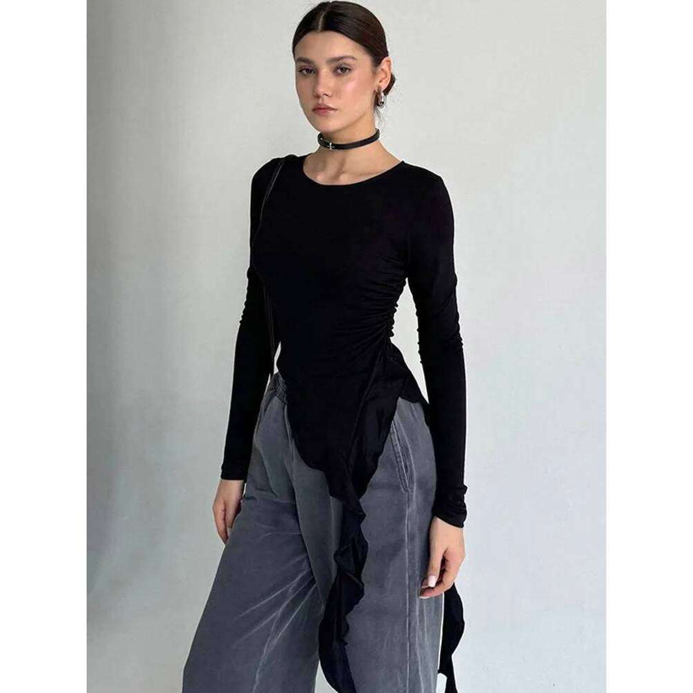 hoodie Wear Irregular Tassel Women T-Shirts Autumn Solid New Full Sleeve O-Neck Shirring Slim Tops Female Wild Trend Street Clothing jacket