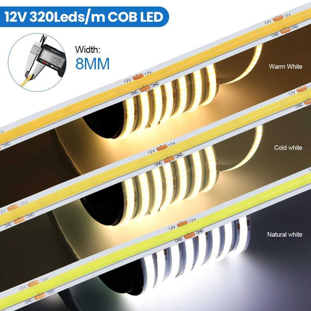 DC 12V 24V COB Strip 320Leds/M High Density RA90 White Pink Yellow Ice Blue Red Green Flexible Ribbon Rope LED Light W250701