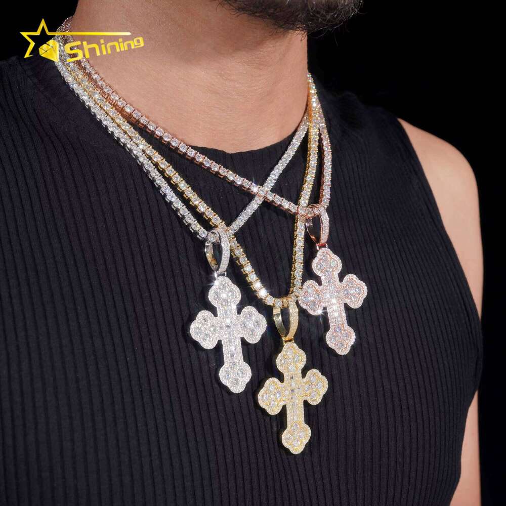 Custom Tennis Chain Sterling Sier Vvs Moissanite Hip Hop Iced Out Jewelry Fashion Cross Pendant