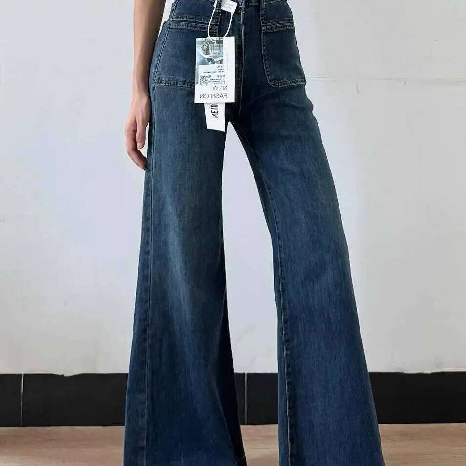 hoodie Wear Women's Autumn New Fashion Retro Micro-Flared Jeans, Solid Color High-Waisted Straight Wide Leg Pants, Loose Floor-Length Jeans jacke