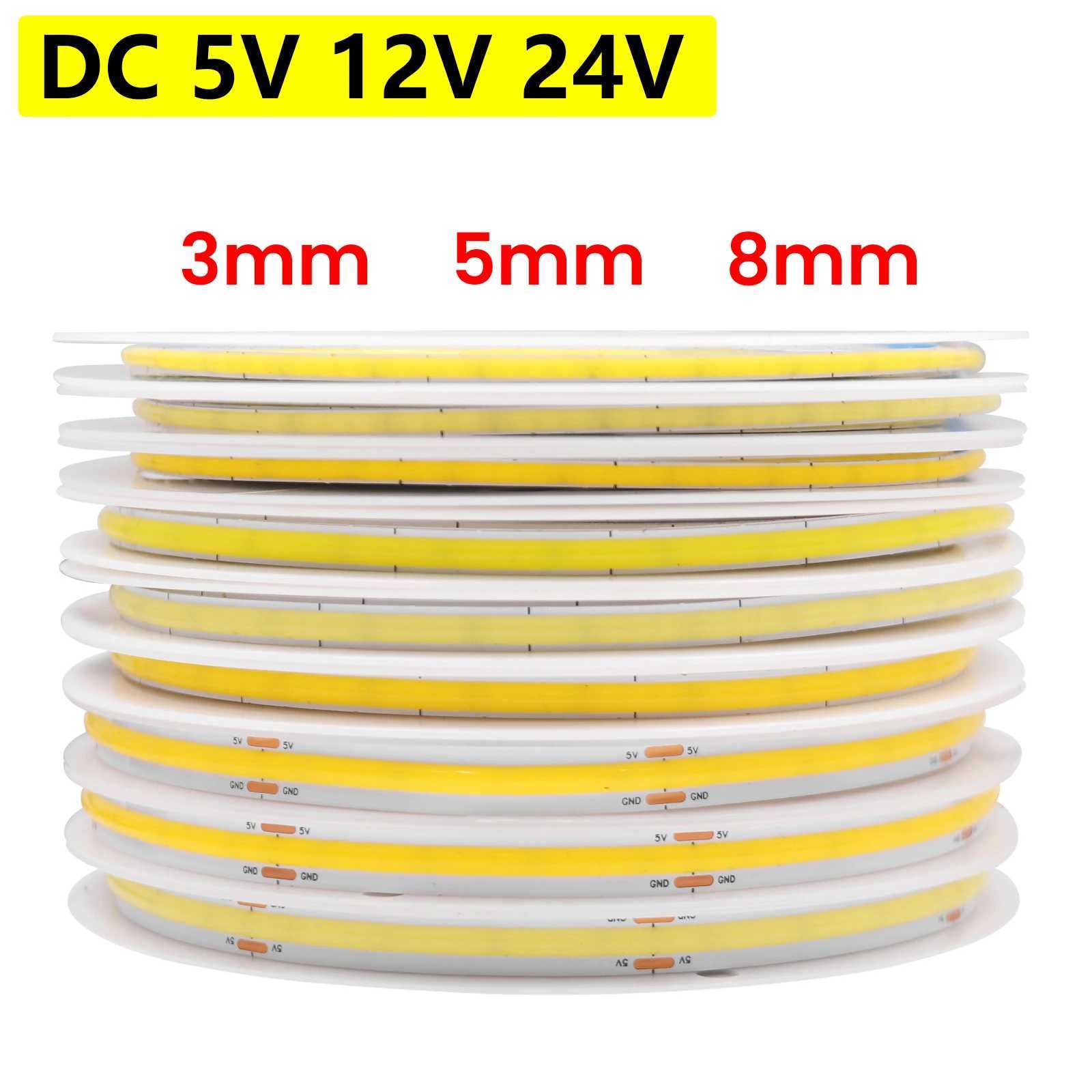 DC 5V 12V 24V COB LED Strip 320 384 480 528LEDs/m High Density Flexible COB LED Tape Light Bar 3MM 5MM 8MM PCB Linear Light W250701