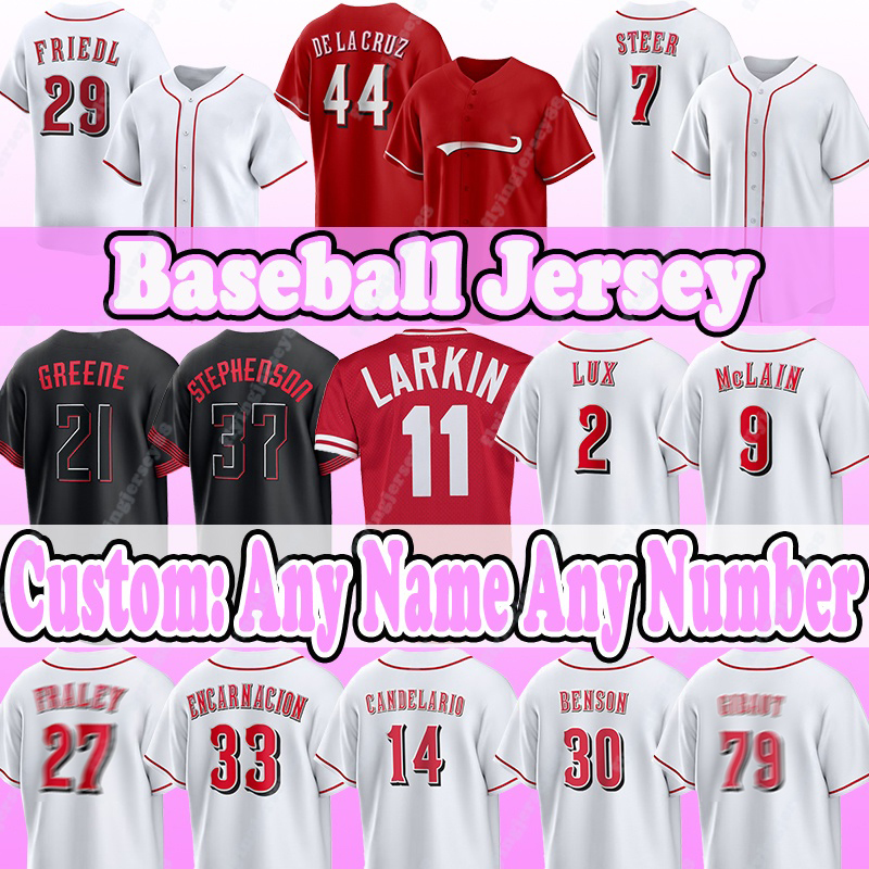 44 Elly De La Cruz Baseball Jerseys 29 TJ Friedl 7 Spencer Steer 11 Barry Larkin 33 Christian Encarnacion-Strand 3 Jeimer Candelario 43 Alexis Diaz 14 Pete Rose Reds