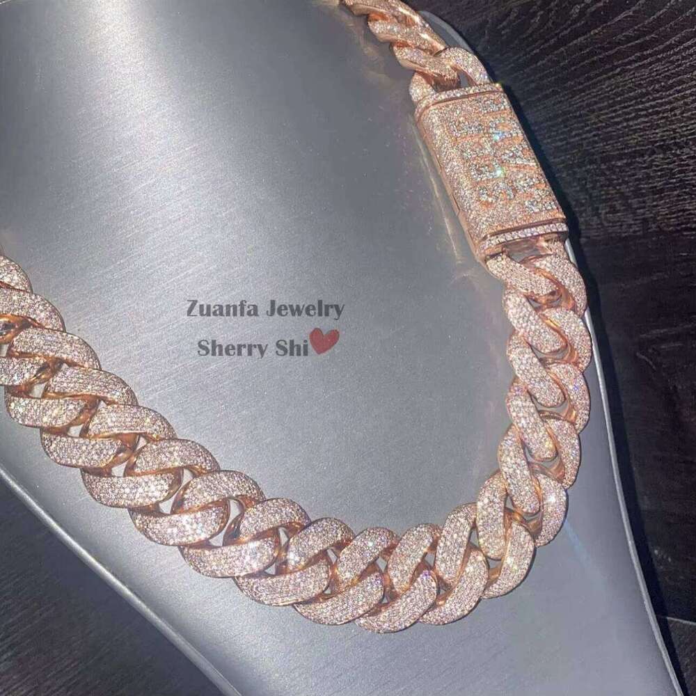 Zuanfa Jewelry Hip Hop Rose Gold Made Miami VVS Moissanite Dia Cuban Link Chain With Custom Name Clasp 25M