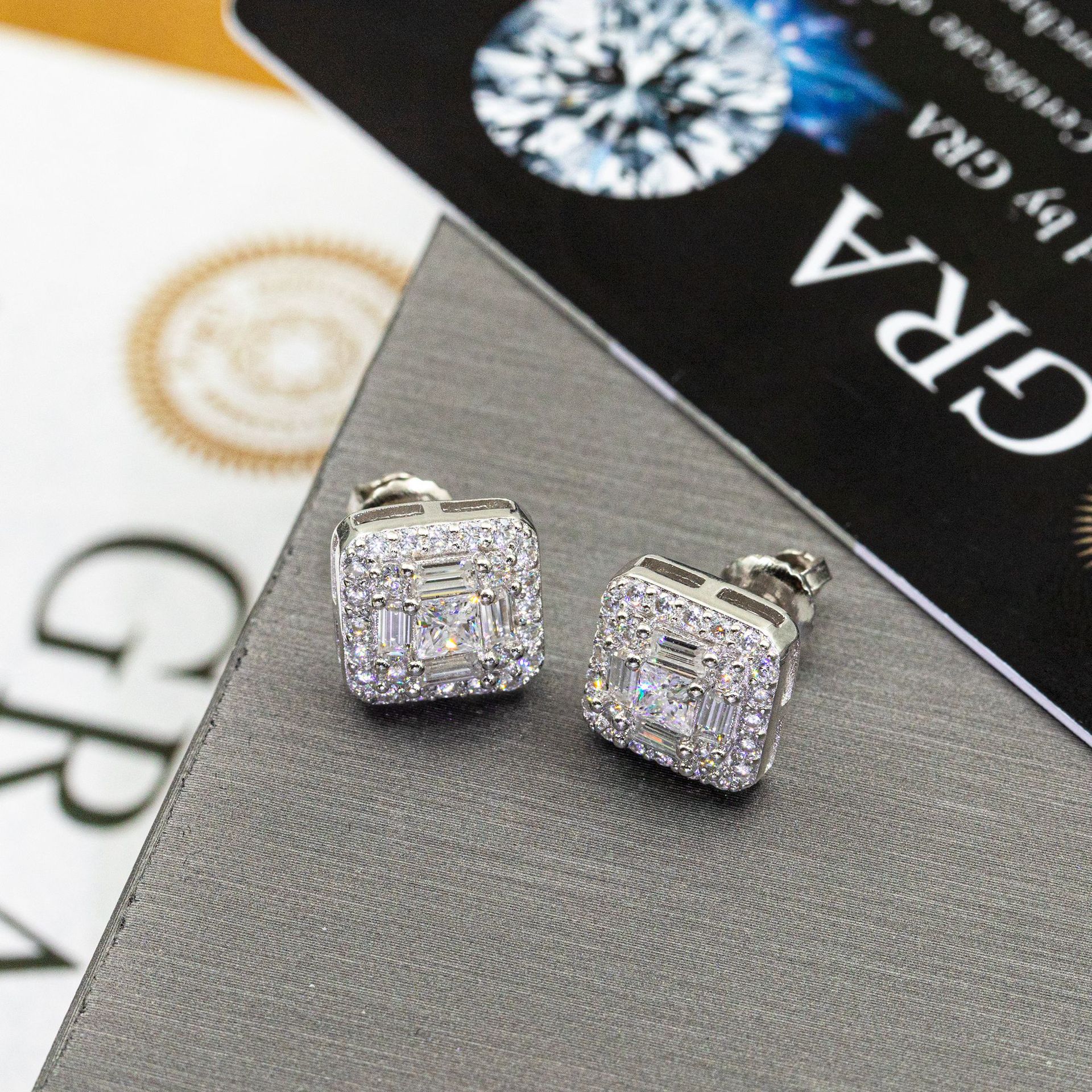 Fashion Fire Jewelry Men Iced Out Hip Hop Sterling Silver 10mm square Shape Screw Back Moissanite Diamond Stud Earrings