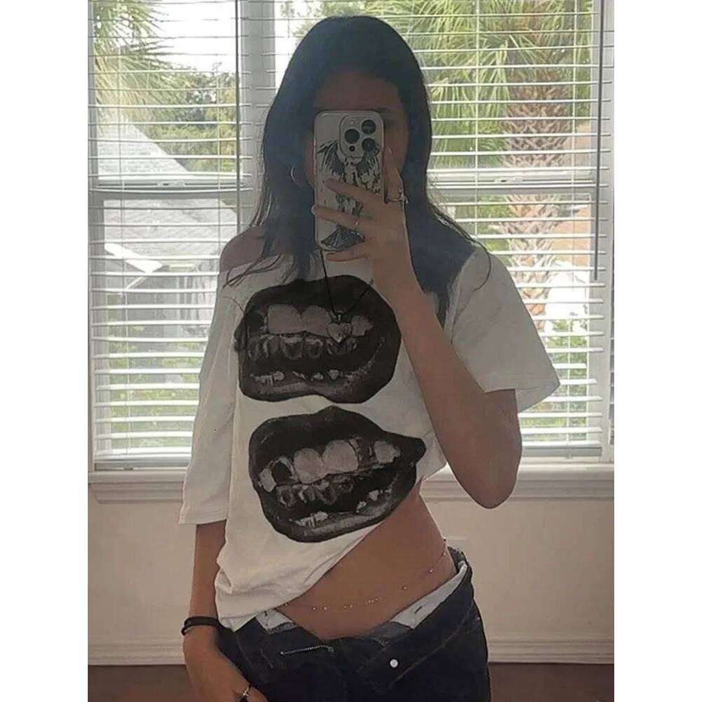 hoodie Wear American Street Hip Hop Mouth Print Loose T-Shirt Women Personalized Casual Top jacket