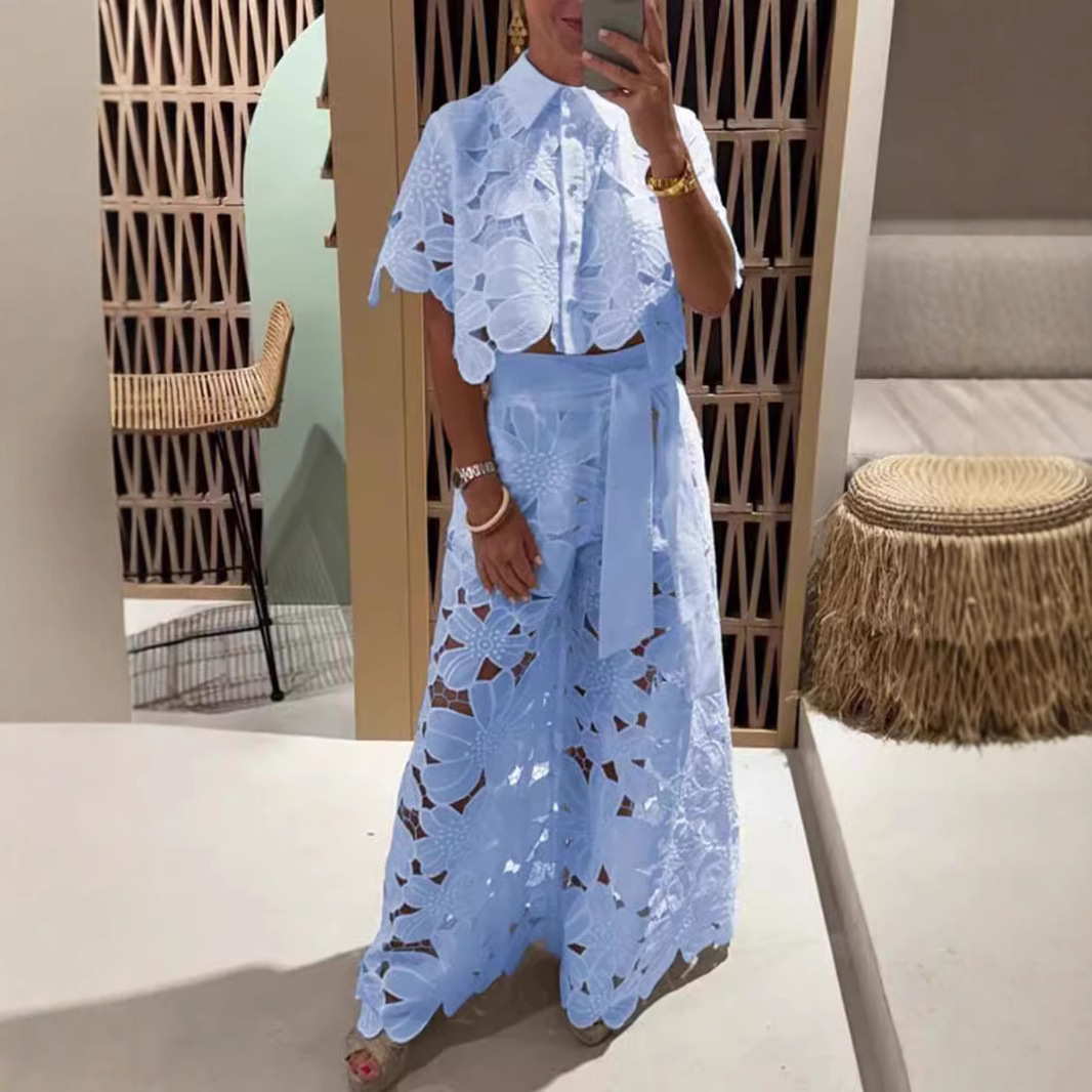 2025 Summer New Solid Color Sexy Hollow Open Top Wide Leg Pants Two Piece Set for Women 240315