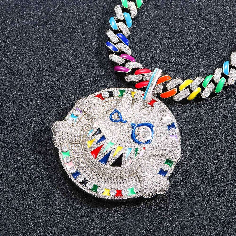 Cartoon Expression Pendant Micro Paved Zircon Purple Disc Ghost Face Skull Personality Exaggerated Hip Hop Necklace 78c8 028