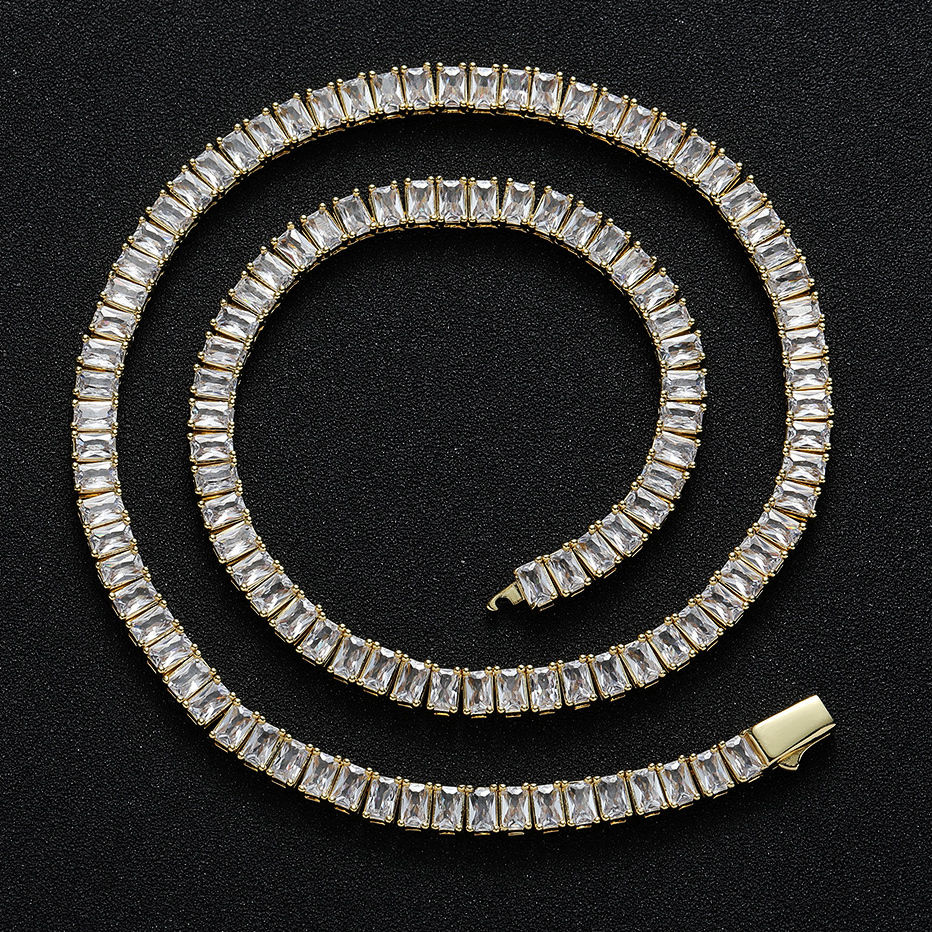 14k Gold Baguette Diamond Tennis Chain Bracelet With Spring Clasp Full Rectangle Cubic Zirconia Copper Inlaid Cz Stones Single Row Mens Chains Hip Hop