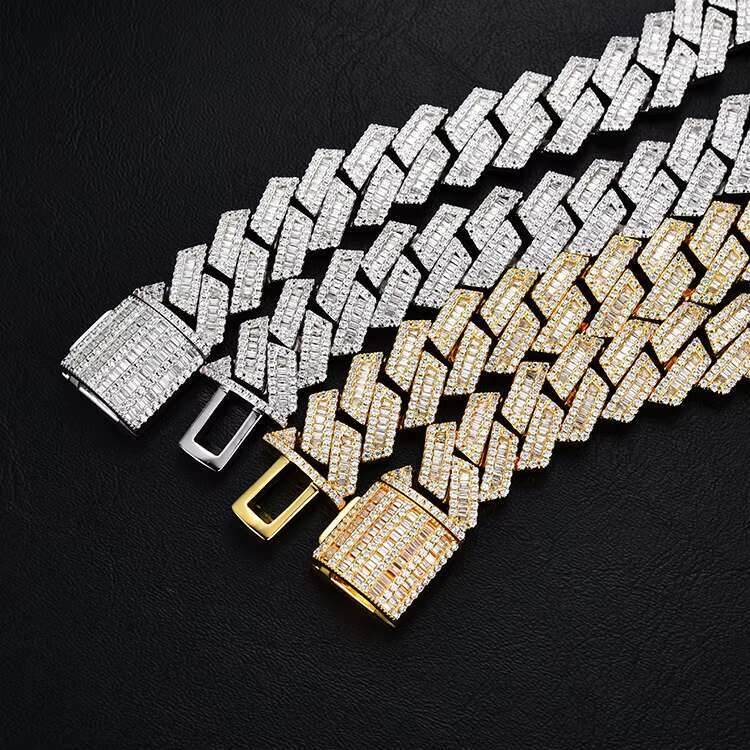 12mm Baguette Chain Cuban Moissanite 925 Silver Hip Hop Vvs Diamond Moissanite Baguette Cuban Link Chain