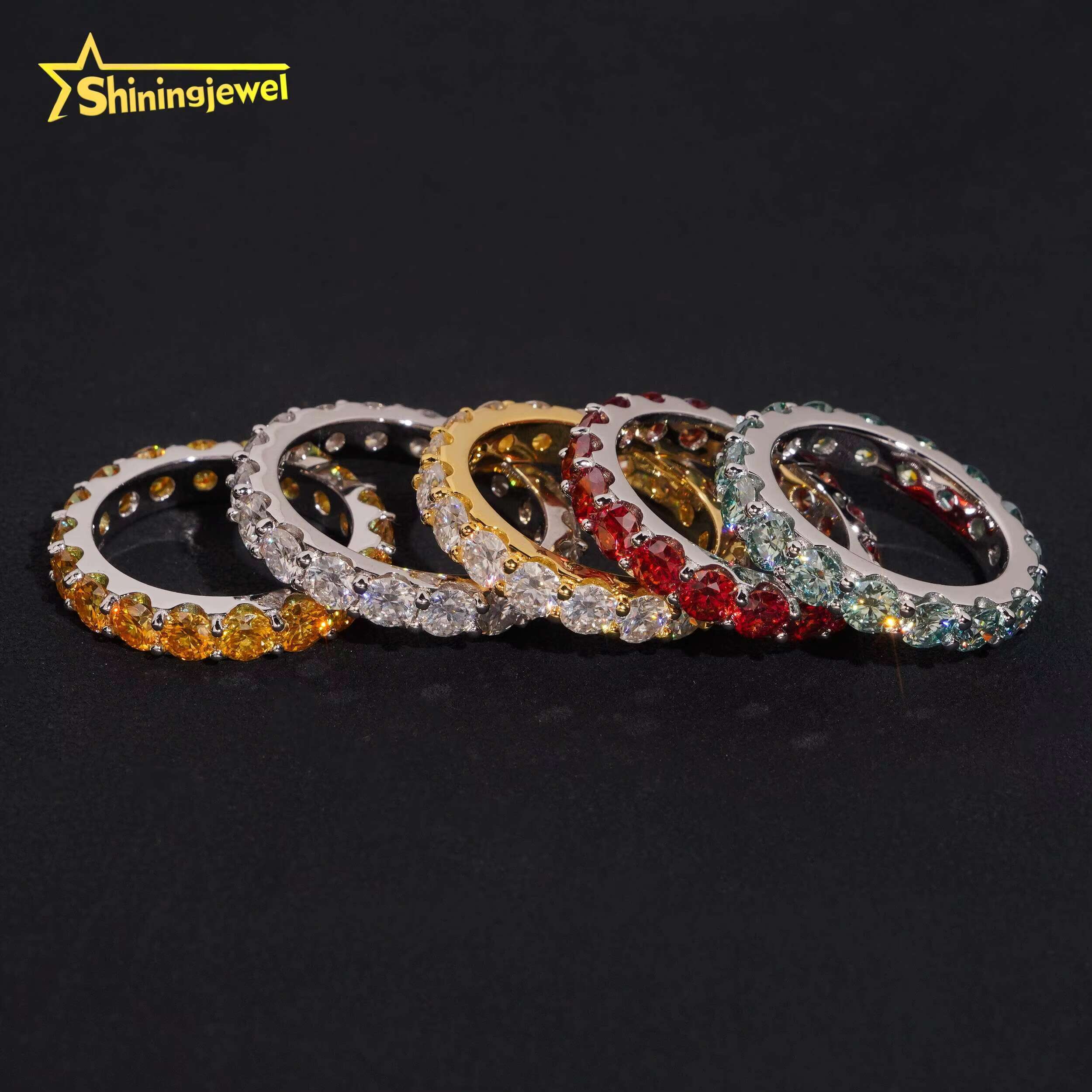 Hip Hop Jewelry 925 Silver 4mm Color Moissanite Ring Bands Iced Out High Quality Moissanite Eternity Ring Men Women