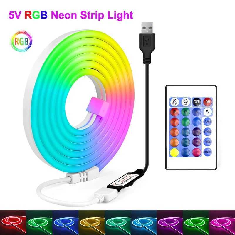 5V USB RGB LED Neon Strip Light 24key IR Remote Control Neon Sign Rope Lights Flexible Waterproof Outdoor/Home Bedroom Decor W250701