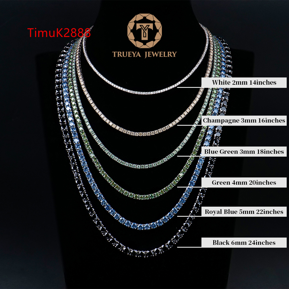 Trueya Women S925 Sterling Silver Cluster Color champagne Green Black Blue Mossanite Moissanite Diamond Tennis Chain Necklace