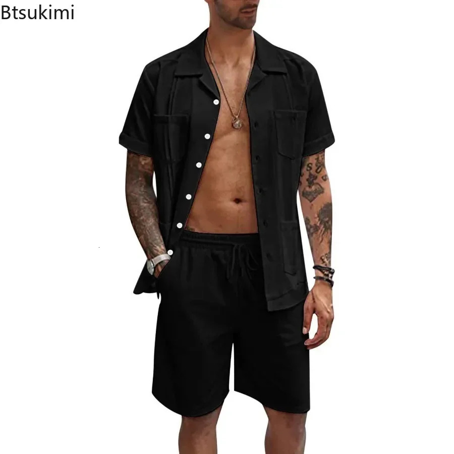 Mens Summer Casual Sport 2 Piece Sets Fashion Cotton Linen Short Sleeve Shirt and Shorts Suit Men Loose Outfits 250624
