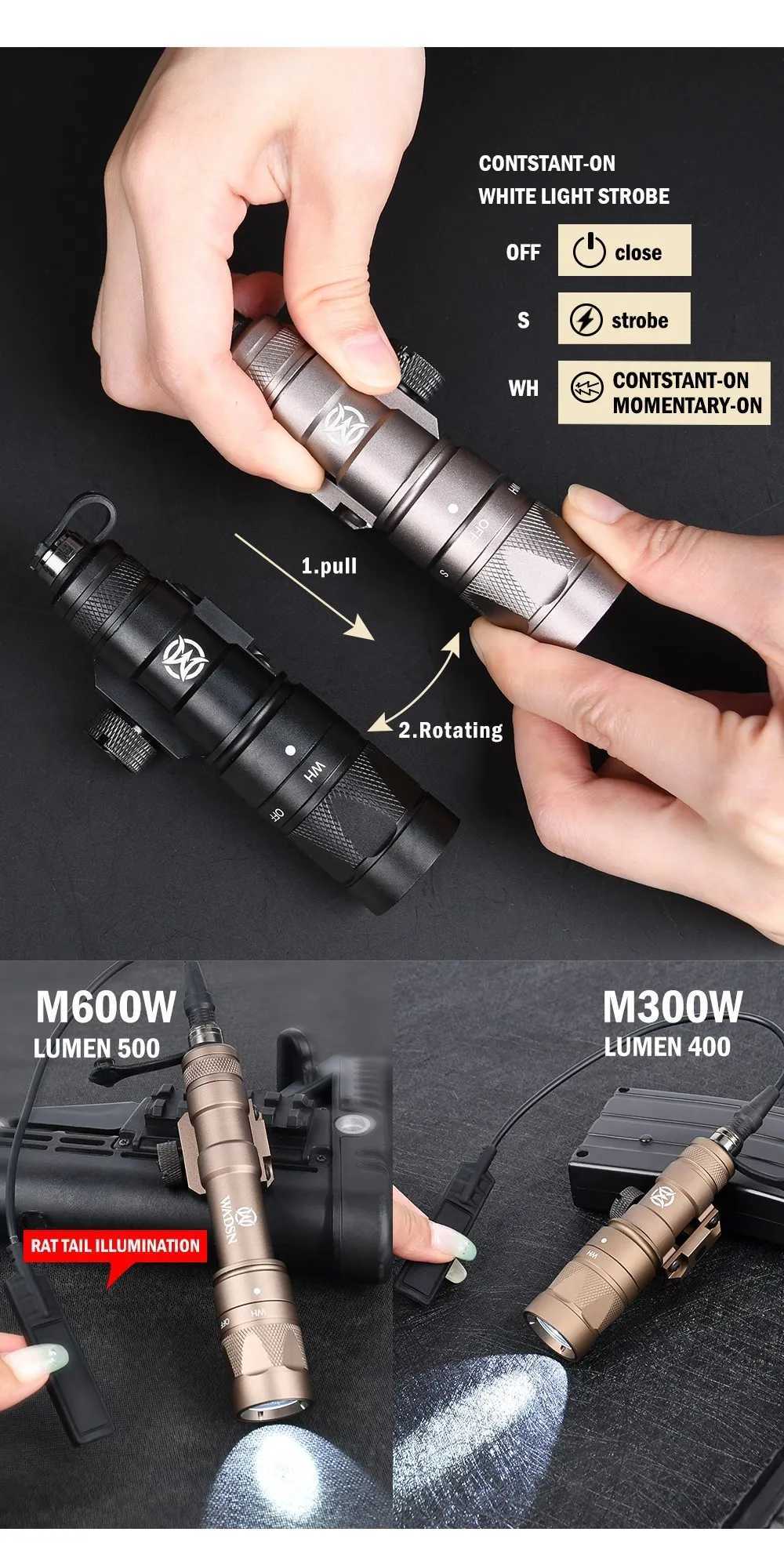 WADSN Tactical Metal M300 M300W Strobe Flashlight M600 M600W Scout Light Airsoft Hunting Weapon Light Fits 20mm Picatinny Rail XJ250701