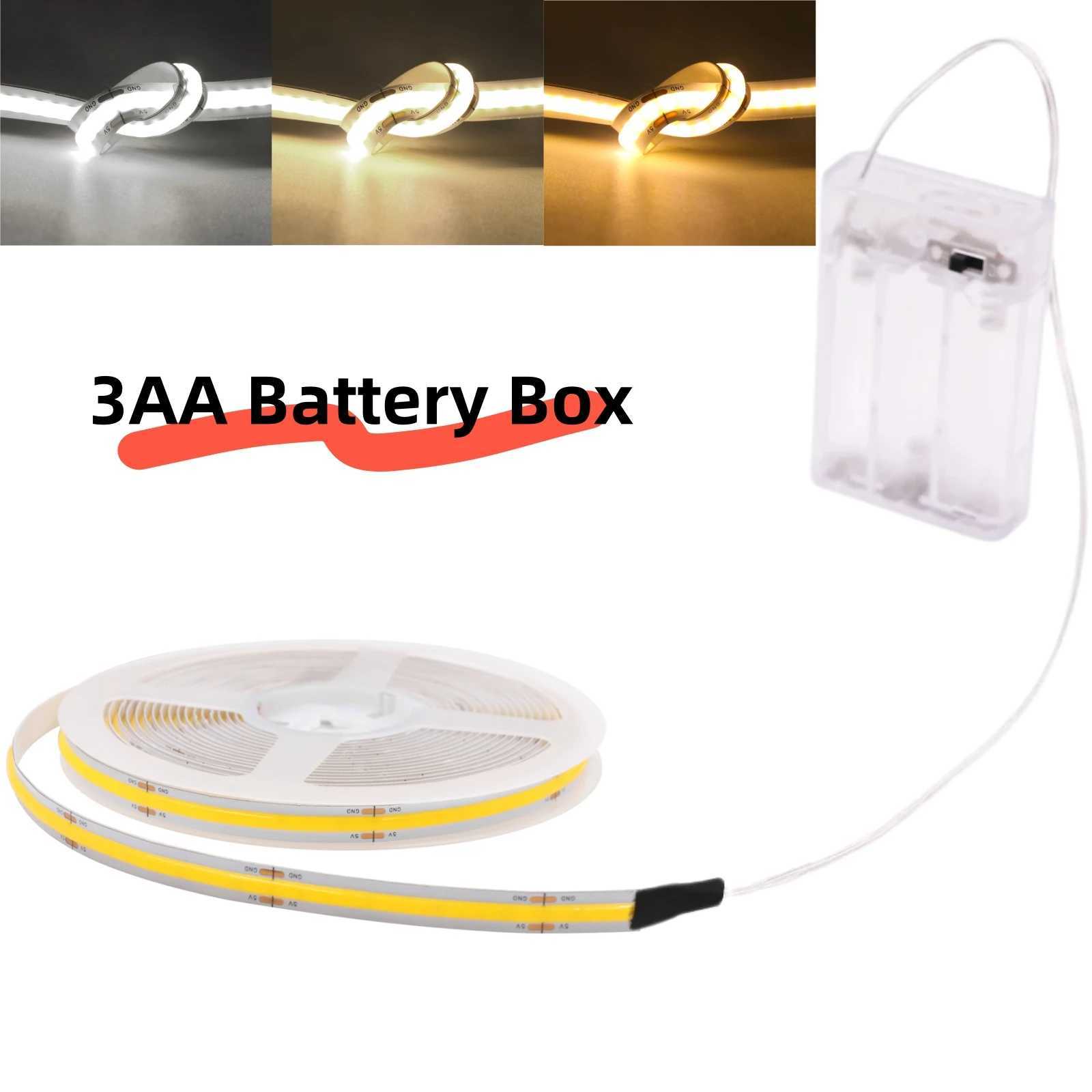 3AA Battery Box 5V COB LED Strip 8MM 320LEDs/M Warm Natural Cool White Flexible COB Strip Light for Bedroom Cabinet TV Backlight W250701