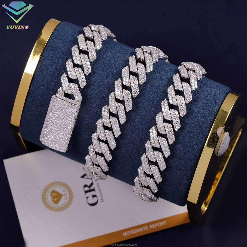 New Style Fine Design 100% Pass Tester 12Mm 2Rows VVS Moissanite Dia Sterling Sier Cuban Link Chain For Hip Hop Necklace