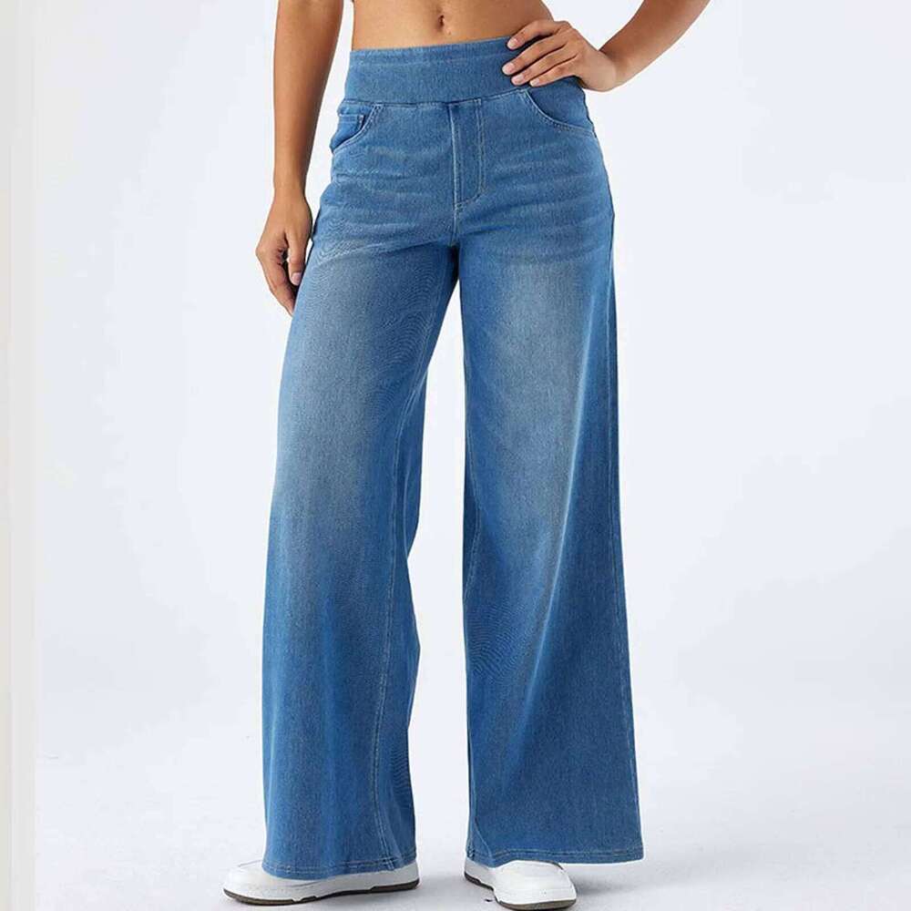 hoodie Wear Women Baggy Jeans Streetwear High Wide Leg Denim Pants Retro Elastic Waist Blue Loose Female Trousers jacket