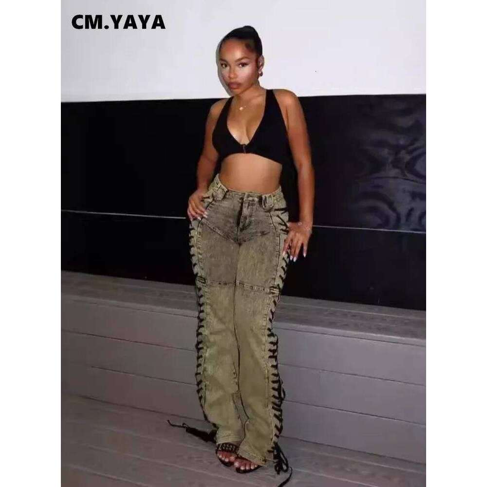 hoodie Wear Cm.Yaya Women Streetwear Cutout Side Lace Up Cargo Pencil Denim Wide Leg Jeans Pants Fall Casual Fashion Holiday Trousers jacket