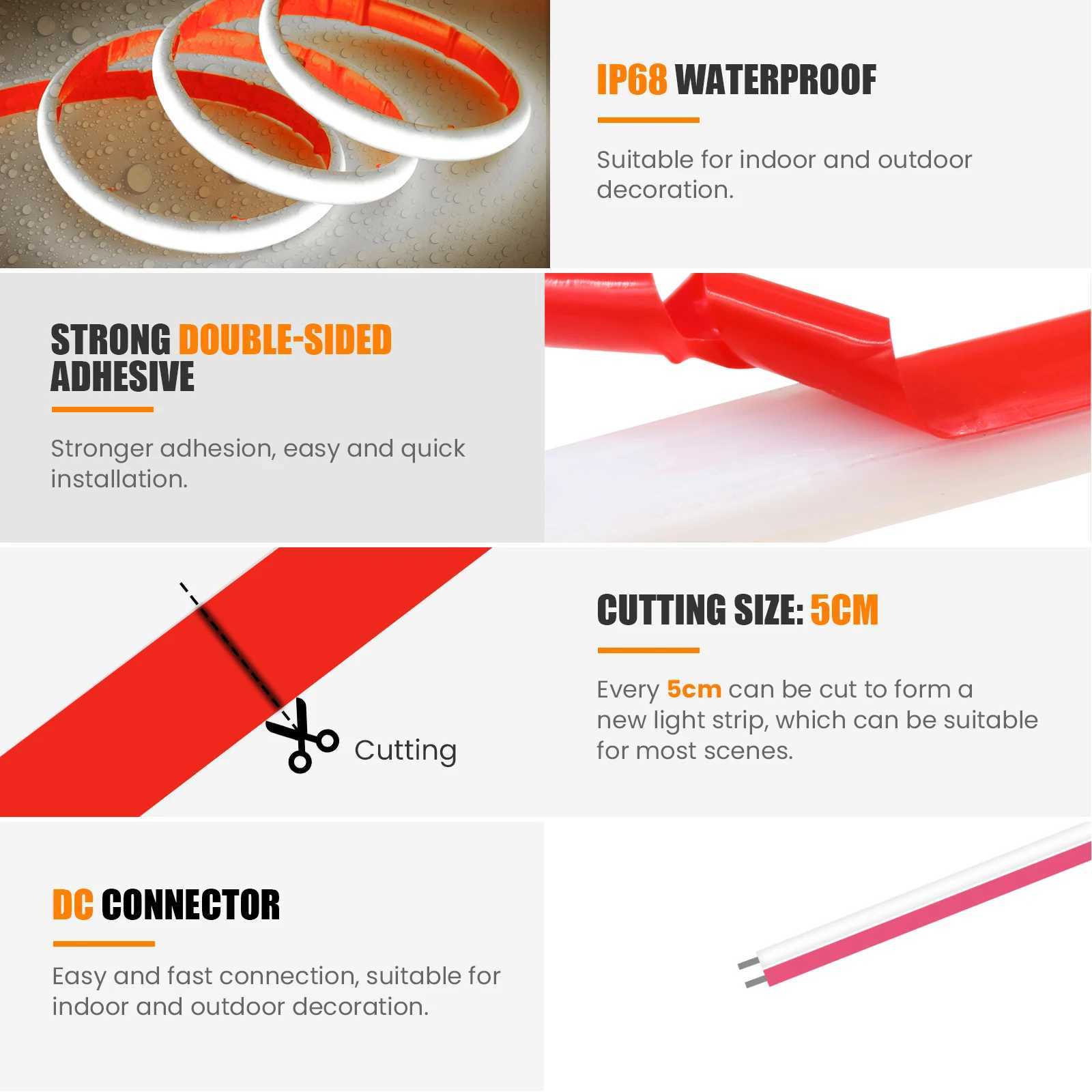 COB LED Strip 12V 24V IP68 Waterproof High Density 320LEDs/m Flexible COB LED Tape Neon Light White Red Green Blue Pink Yellow W250701