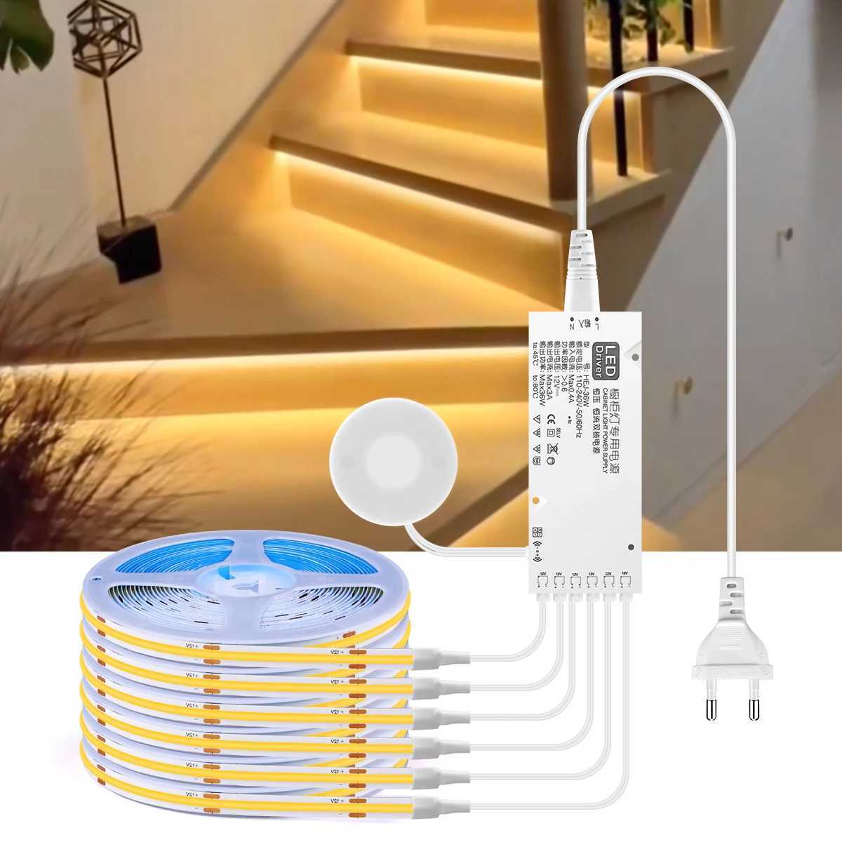 US EU Plug Multi Lamp Parallel LED Strip Lights Flexible COB LED Tape Adhesive Cuttable For Kitchen Closet Shelves DIY Lighting W250701