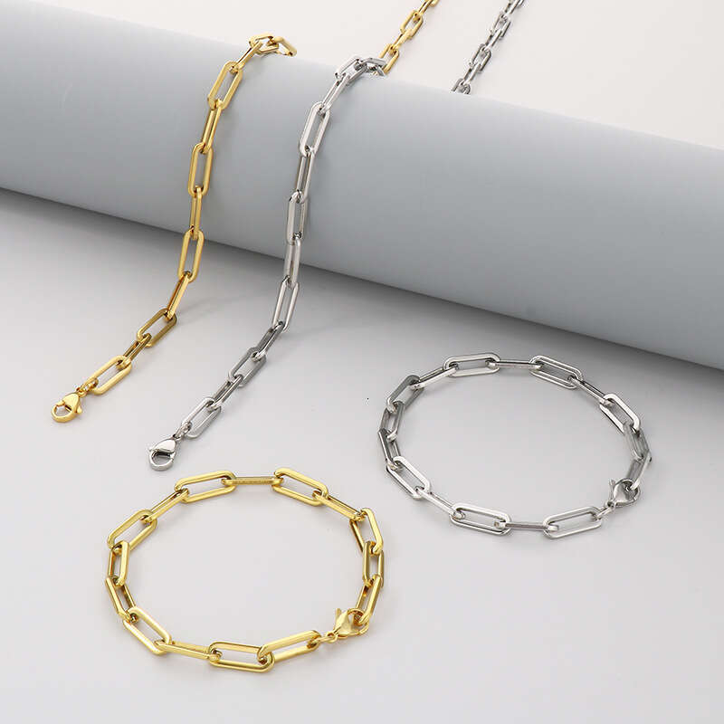 DHCollections Unisex Chunky Square Link Chain Necklace & Bracelet Stainless Steel Minimalist Jewelry
