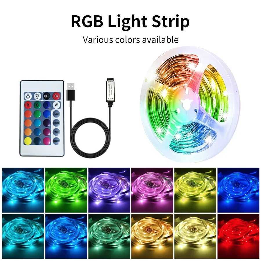 RGB LED Strip Light with IR 24 Key Remote Control Flexible LED Tape Lamp USB 5V 5050SMD 30/60LED/M 5M Room TV Decor Backlight W250701