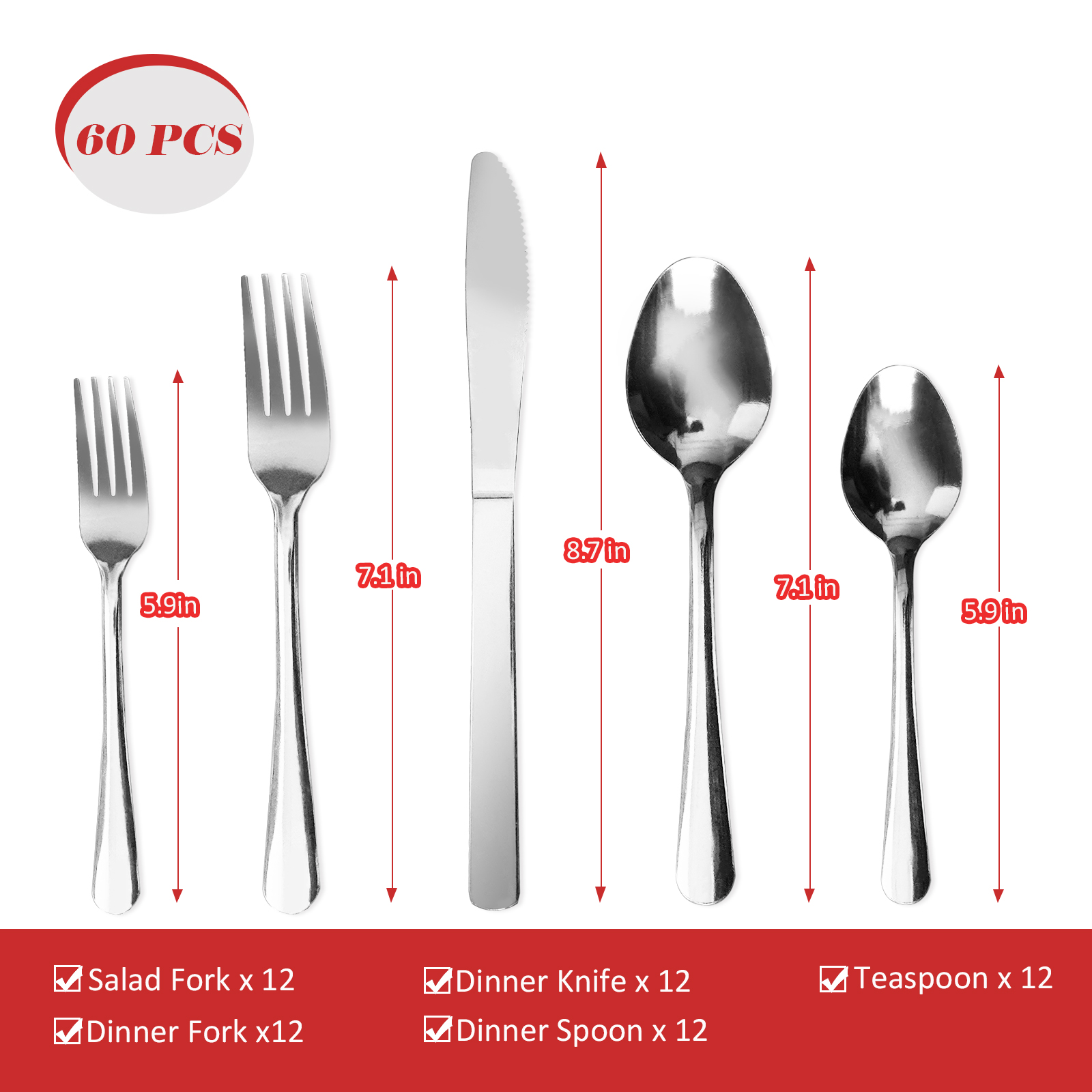 Windsor 60pcs Stainless Steel Flatware Set Service for 12, for Hotel/Restaurant/Wedding/Camping/Daily, Dishwasher Safe