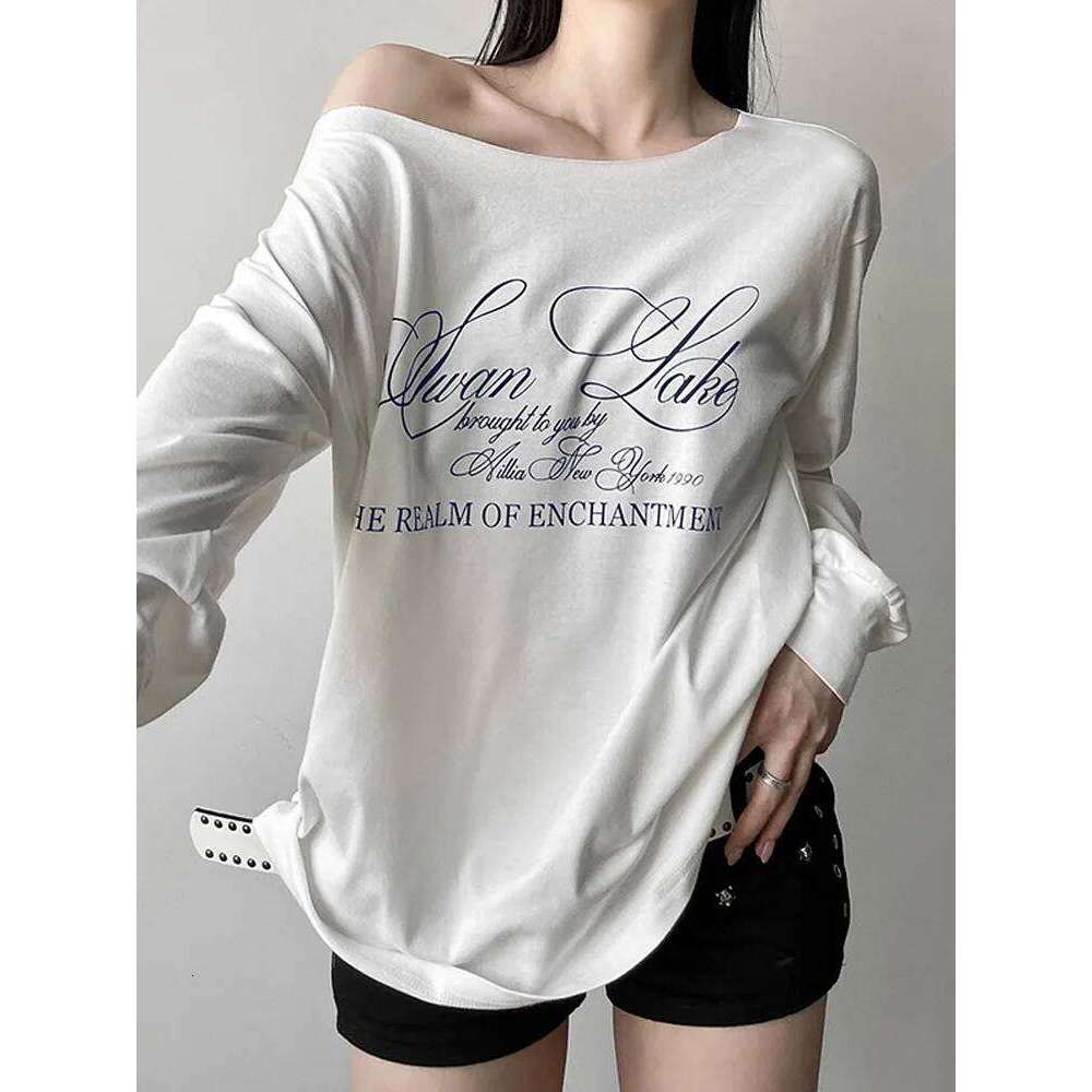 hoodie Wear Y2k Aesthetic Casual Off Shoulder T-Shirt Loose Letter Printing Haruku Tshirts Grunge Vintage Streetwear Tee Shirts jacket