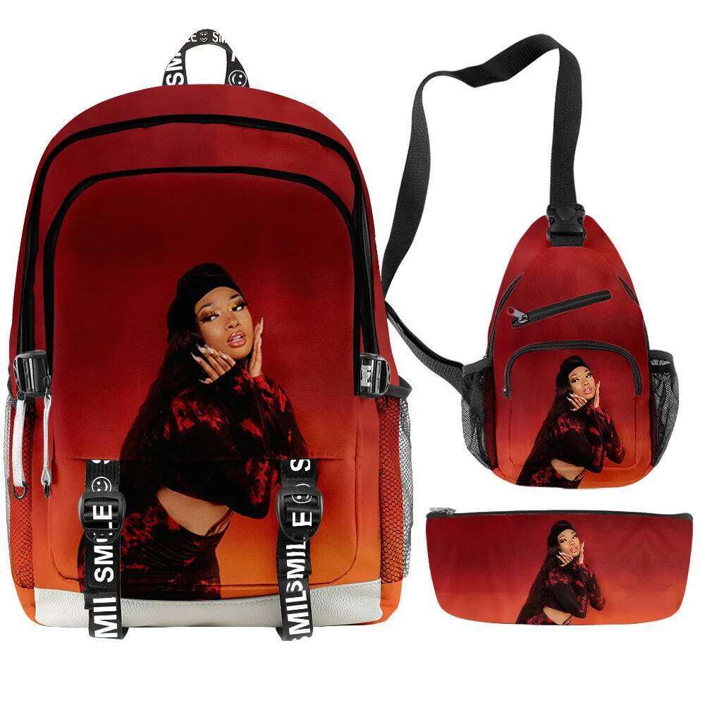 Fashion Novelty megan thee stallion 3D Printed 3pcs/Set Student School Bags multifunction Travel Backpack Chest Bag Pencil Case