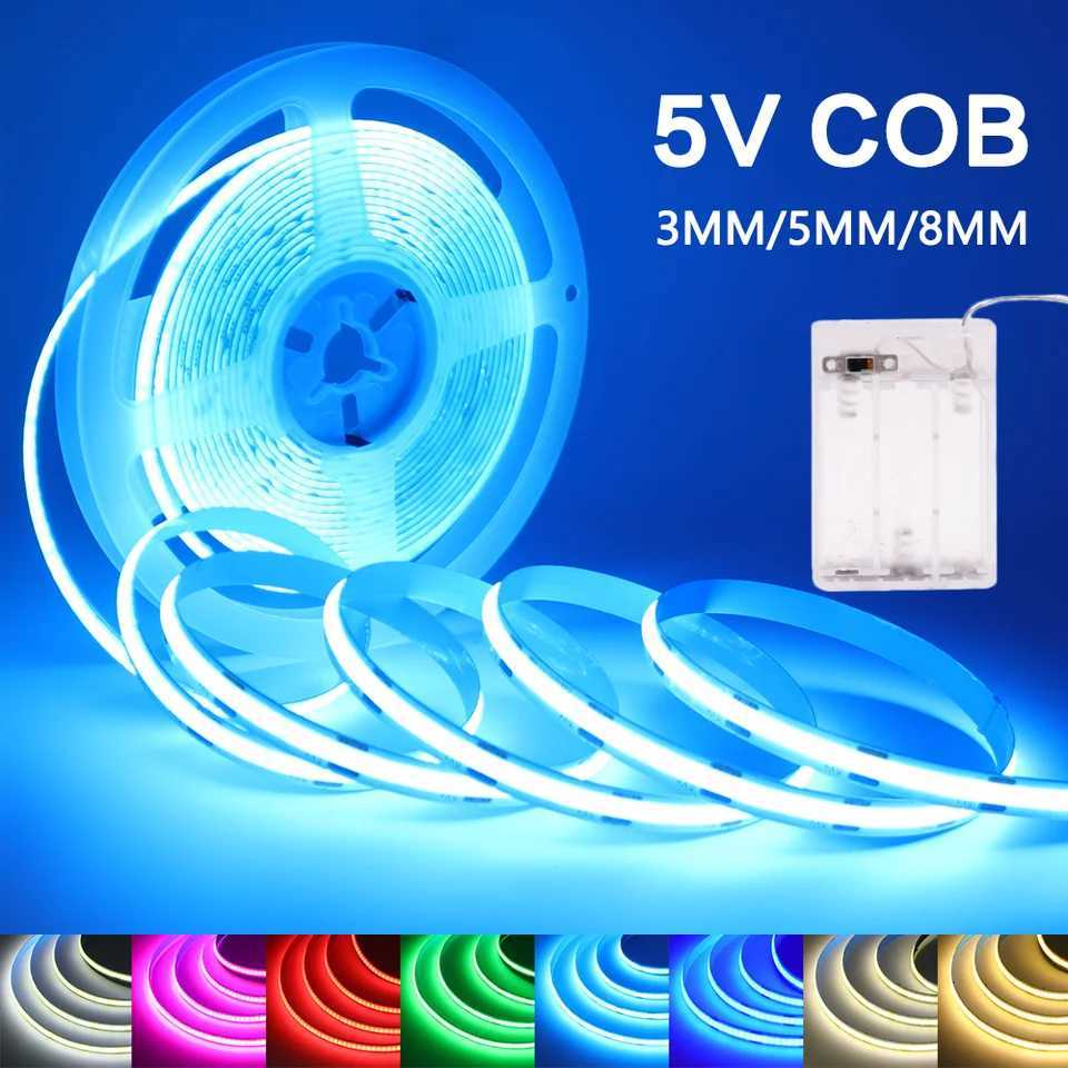 5V COB LED Light Strip AA Battery Powered Flexible Ribbon Diode 3MM 5MM 8MM RA90 High Density Linear Lighting Adhesive Tape W250701