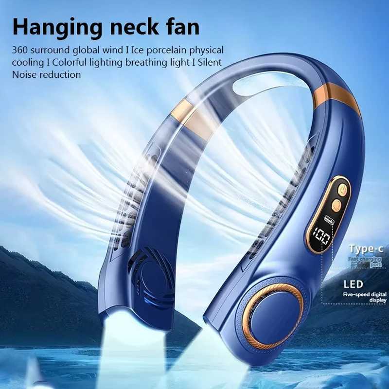 Hanging Neck Fan Digital Display Power Ventilator Bladeless Neckband Fan Portable Mini Air Cooler Type-C Rechargeable Fan XJ250702