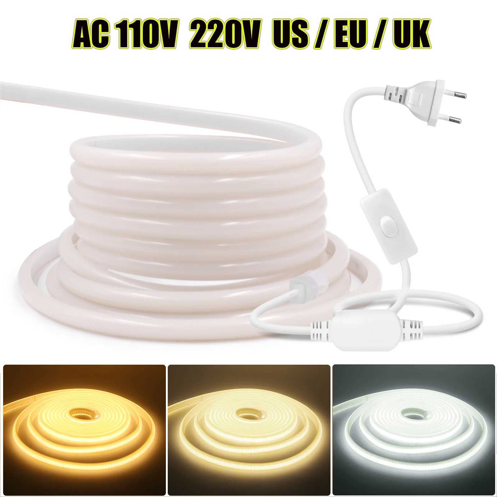 AC 110V 220V COB LED Strip Waterproof EU UK US Kit 3000K 4000K 6000K Garden Home Decor High Bright Flexible Ribbon Neon Light W250701