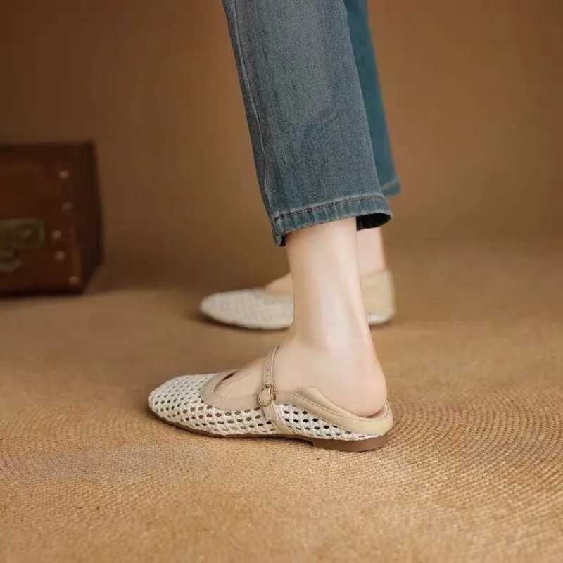 Woven Cutout Flat Single Shoes Womens Summer New Square Toe Shallow Mouth One Strap Soft Sole Mary Jane Sandals M250702